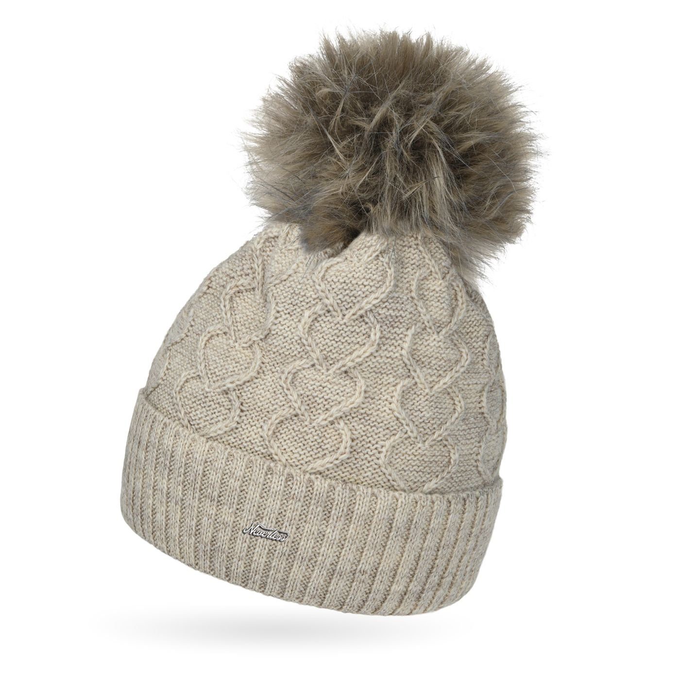 Neverless Bommelmütze Damen Strick-Mütze Fell-Bommel Kunstfell Bommelmütze Fleece-Futter Her