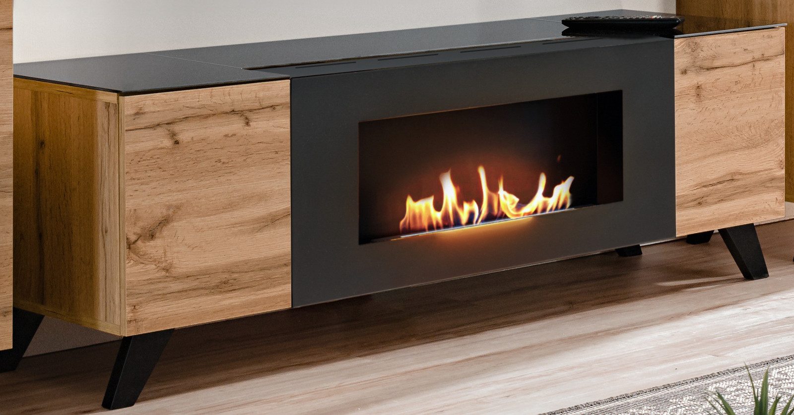 Furn.Design TV-Board Heritage (TV Lowboard in Wotan Eiche mit Schwarz, 2-türig, 150 x 47 cm), Push-To-Open-Funktion und integrierter Kamin – Bild 2 von 5