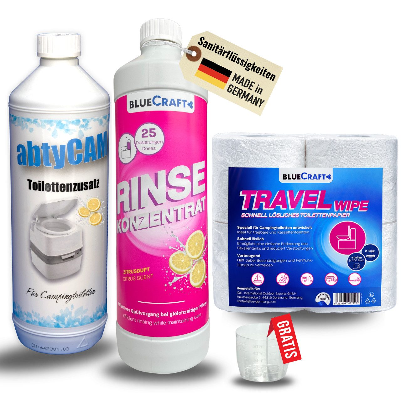 BlueCraft Sanitärflüssigkeit Set mit Toilettenpapier für Campingtoilette Campingtoilettenreiniger (Set, [- inkl. Dosierbecher 50 ml & 4er Toilettenpapier Komplett-Sanitärset für Camping)