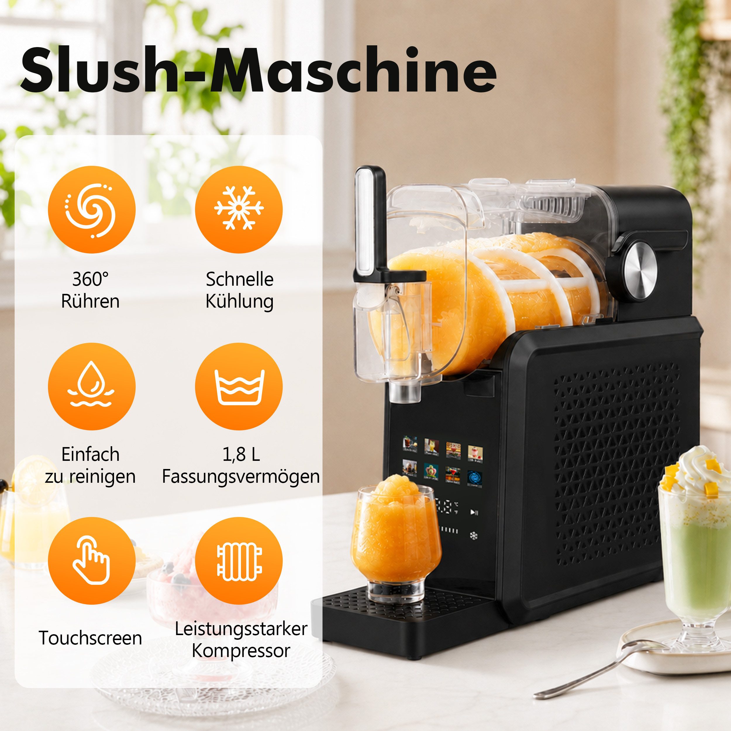 Sinaopus Slush-Eismaschine ohne Eiswürfel, 7 Programme + Selbstreinigung, Farbiges Touchdisplay, 1,8 l, 200 W, 360°-Rühren + 10 Konsistenzstufen, für Eiscreme,  – Bild 2 von 5