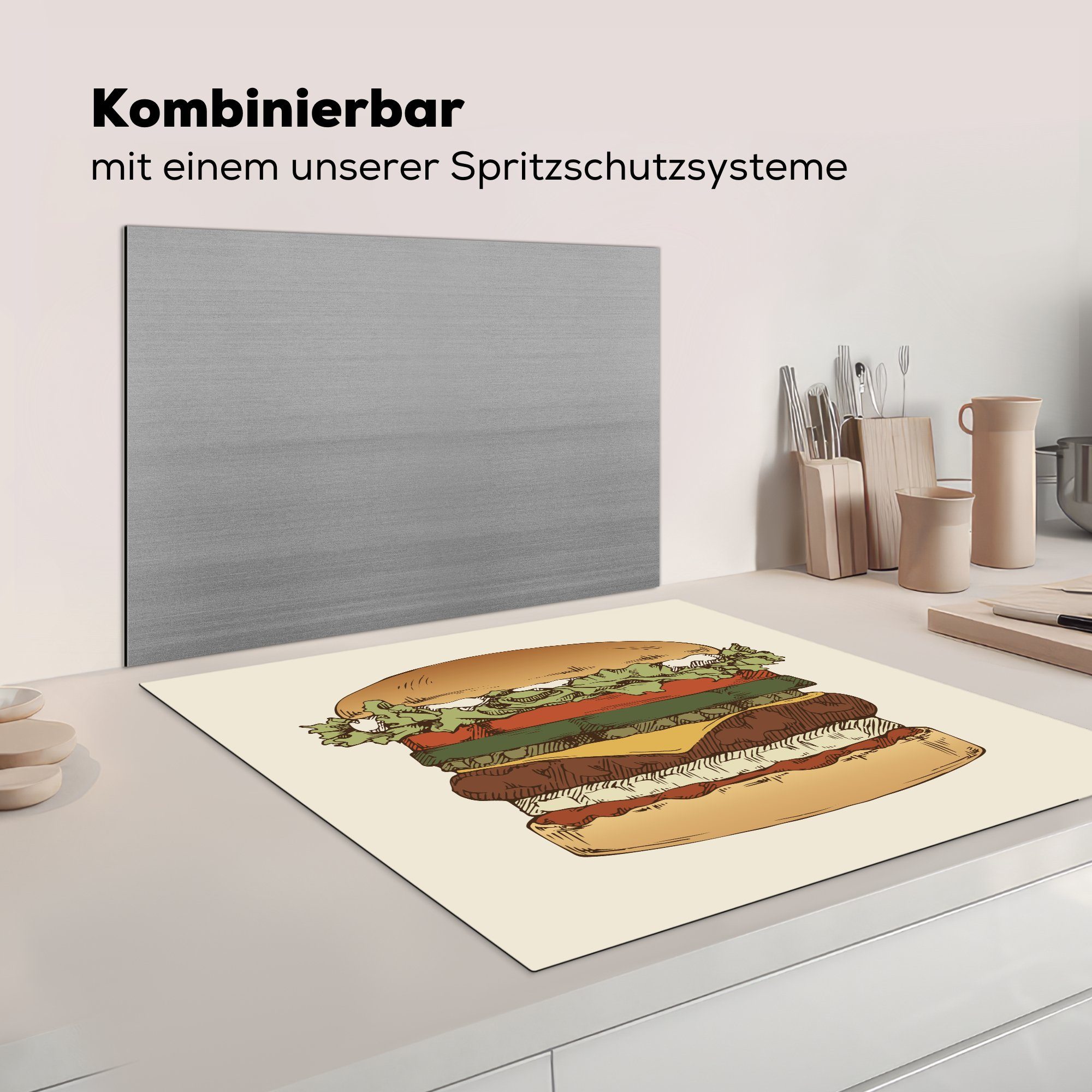 MuchoWow Herdblende-/Abdeckplatte Eine Illustration Hamburgers, Arbeitsplatte (1 78x78 cm, eines für Vinyl, Ceranfeldabdeckung, tlg), küche klassischen