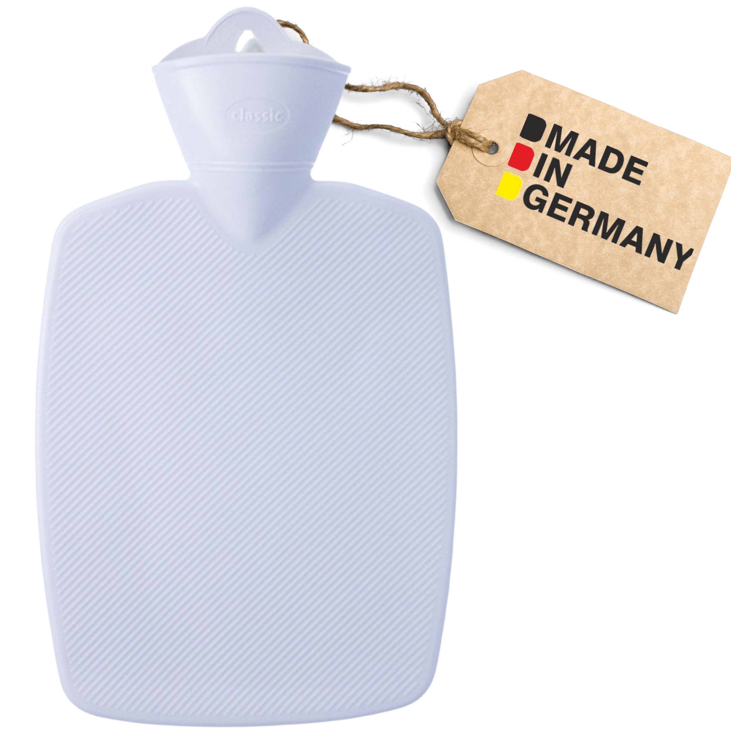 Hugo Frosch Wärmflasche Klassik-Wärmflasche Thermoplast 1,8 l, Made in Germany - XL-Haltelasche - Weiß