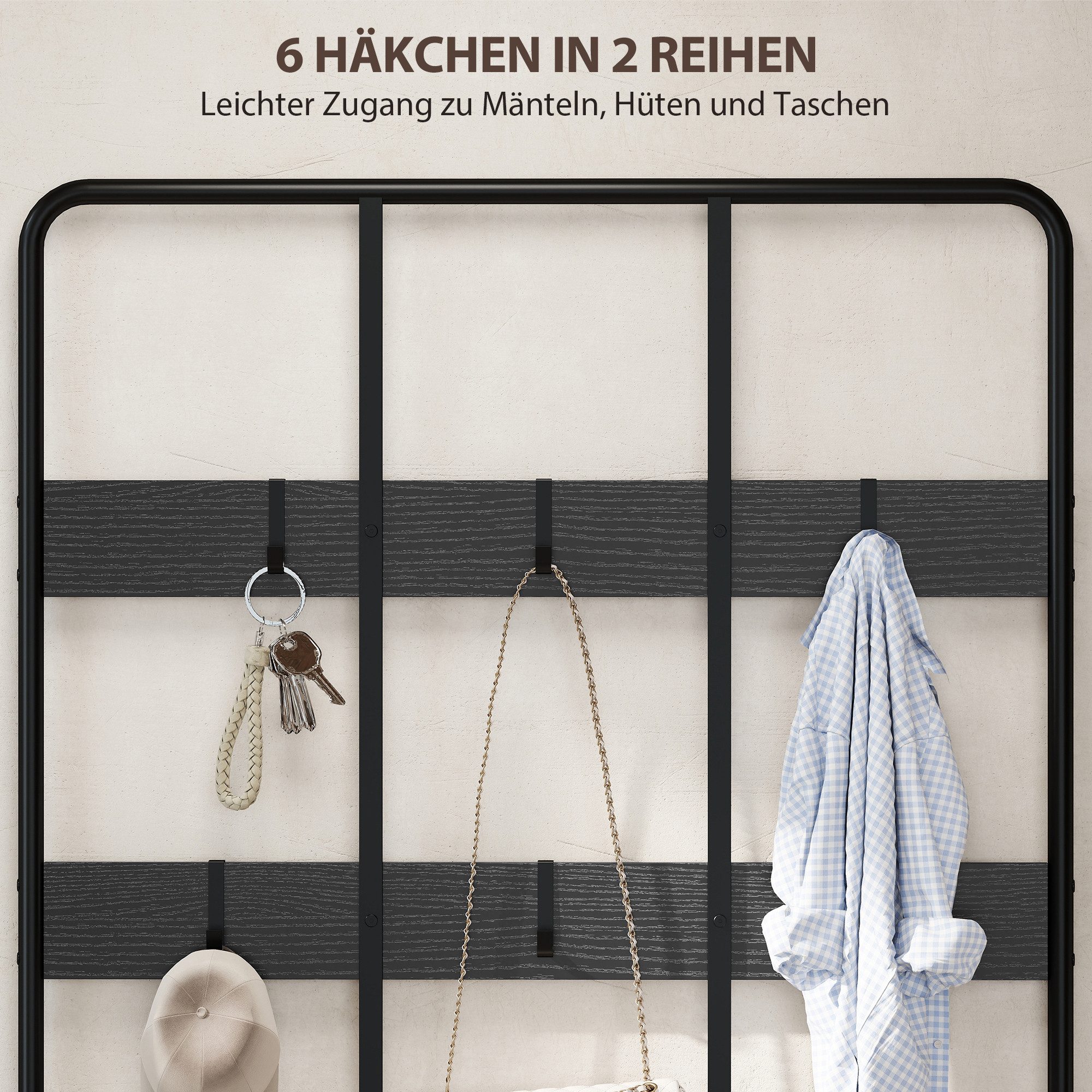 HOMCOM Garderobenständer Kleiderständer mit Schuhbank, Garderobe mit 6 Haken, (Jackenständer, 1 St., Garderobe), für Eingangsbereich, Flur, Schlafzimmer, Schwar – Bild 5 von 5