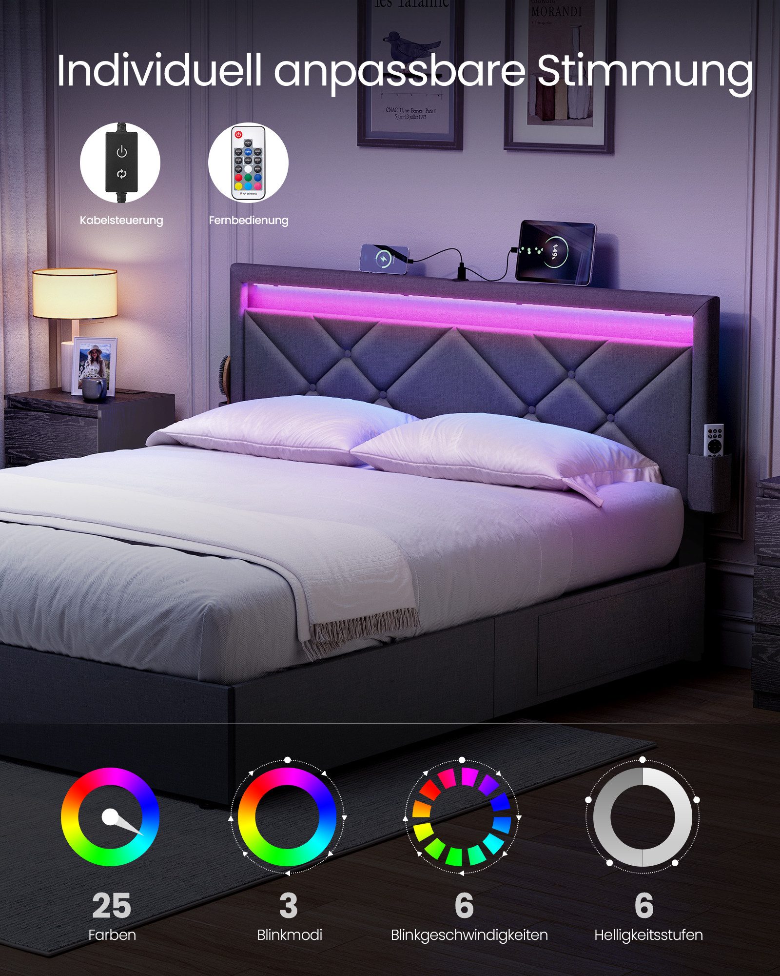 VASAGLE Polsterbett (180 x 200 cm, 4 Schubladen, verstellbares gepolstertes Kopfteil), LED, Ladestation, in 4 Größen verfügbar