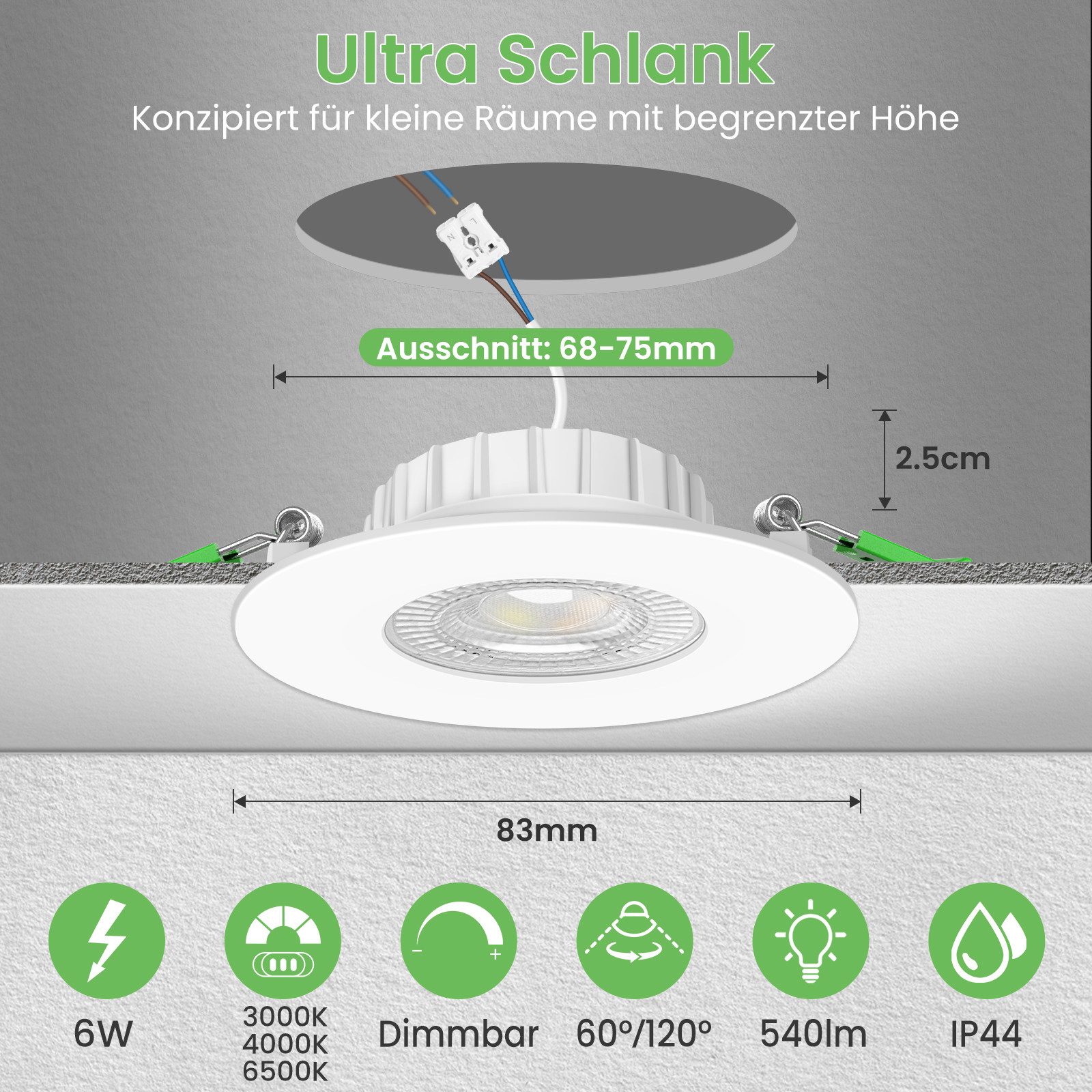 ALUSSO LED Einbauleuchte 6er-Set, 6 W, 3CCT, dimmbar, IP44, Ø 68 mm, Energieklasse E, 3000K/4000K/6500K, 540lm, Weiß