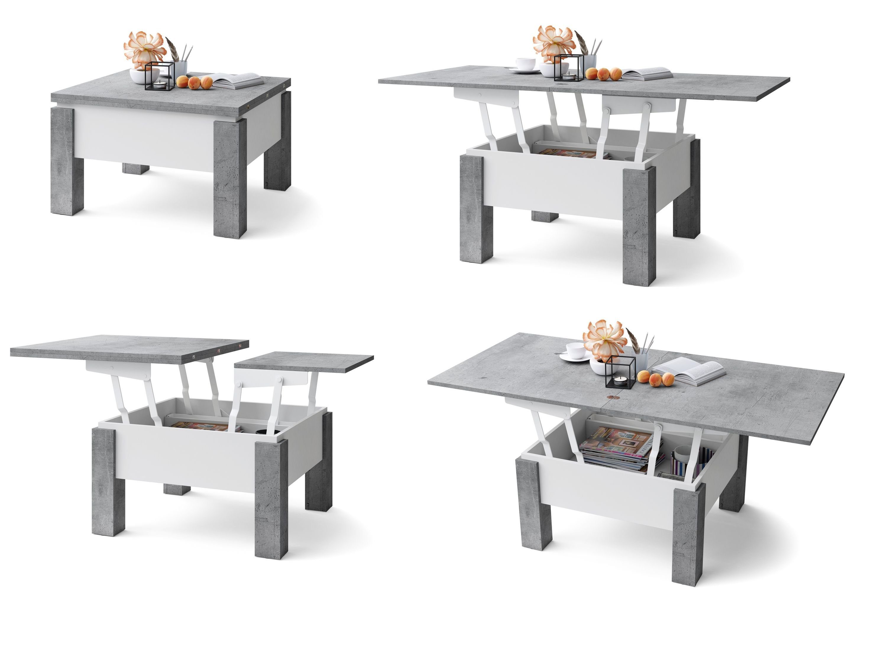 Couchtisch designimpex Design aufklappbar / Esstisch Weiß matt Tisch höhenverstellbar Beton Couchtisch Oslo