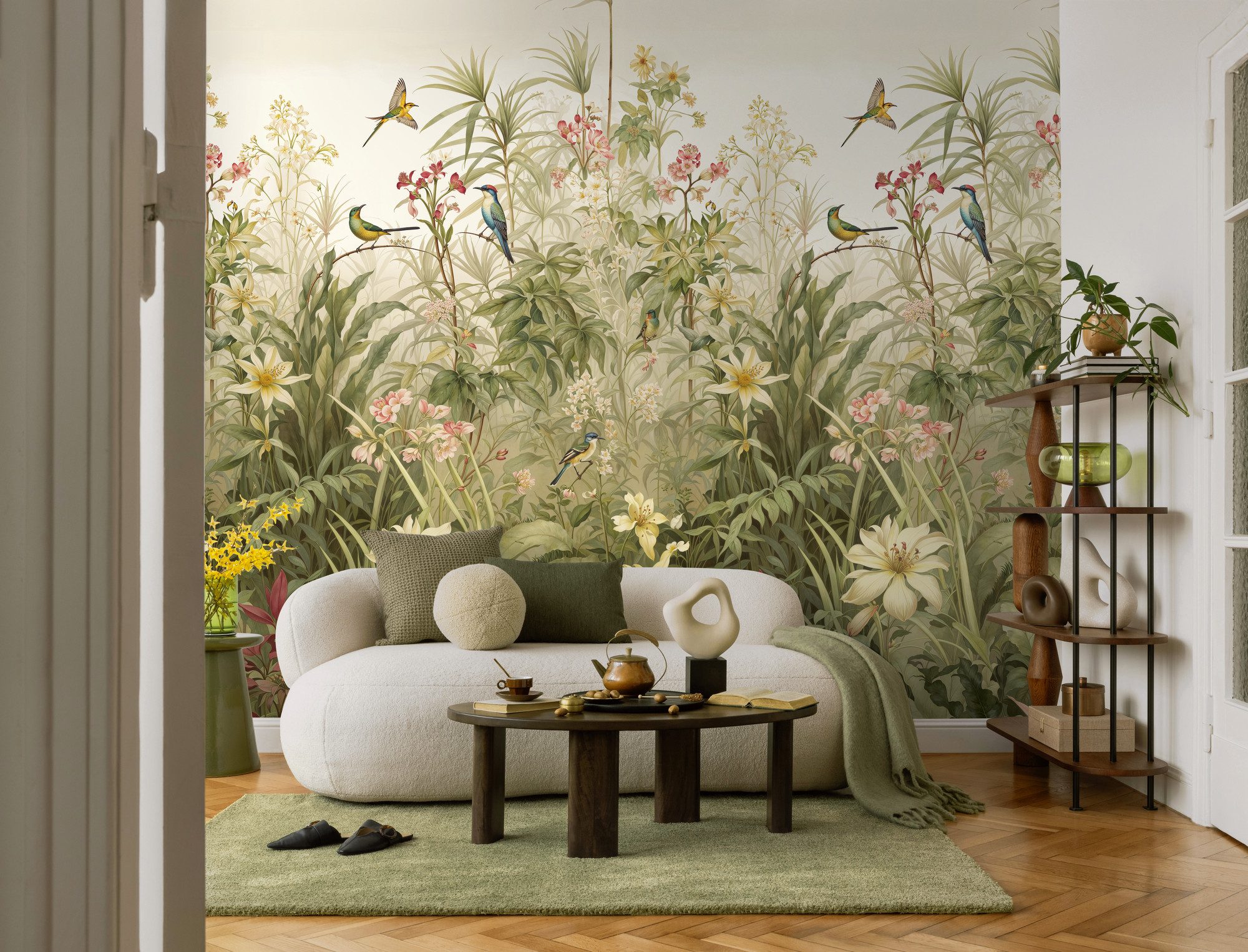 living walls Fototapete The Wall 4 Flowers – Vögel und Wildpflanzen Vlies-Fototapete, leicht strukturiert, floral, matt, botanisch, (1 St), Vögel und Wildpflanzen – natürlicher Tiefenwirkung