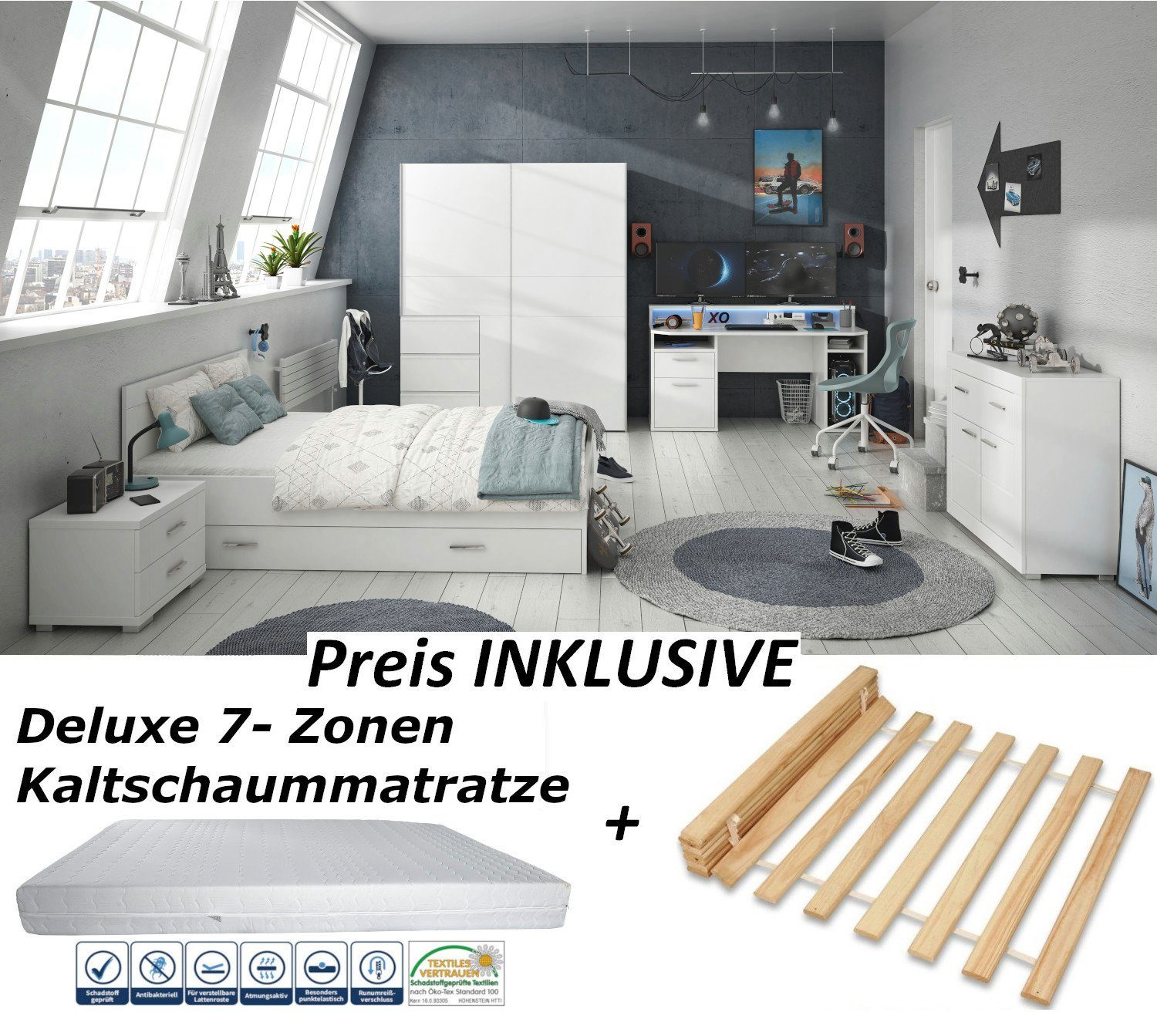 möbel-direkt.de Jugendzimmer-Set Gamingzimmer Tezaur "Snow", (Komplett günstig online kaufen