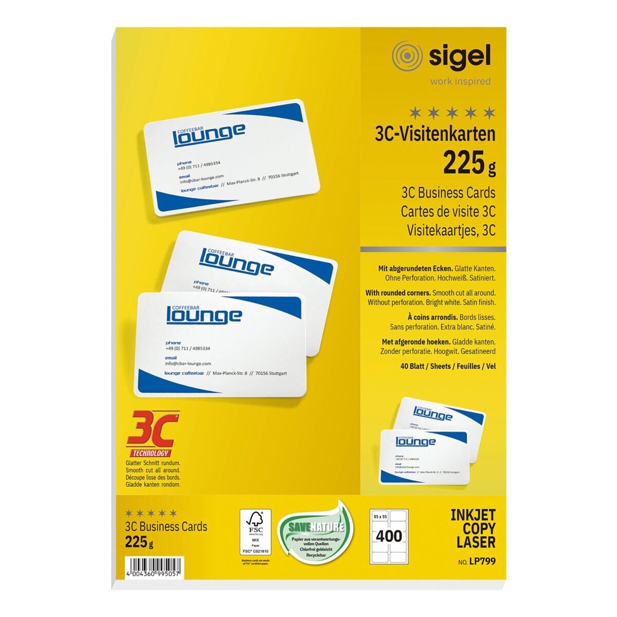 Sigel Visitenkarten LP799, hochweiß-satiniert, ohne Perforation, 225 g/m²