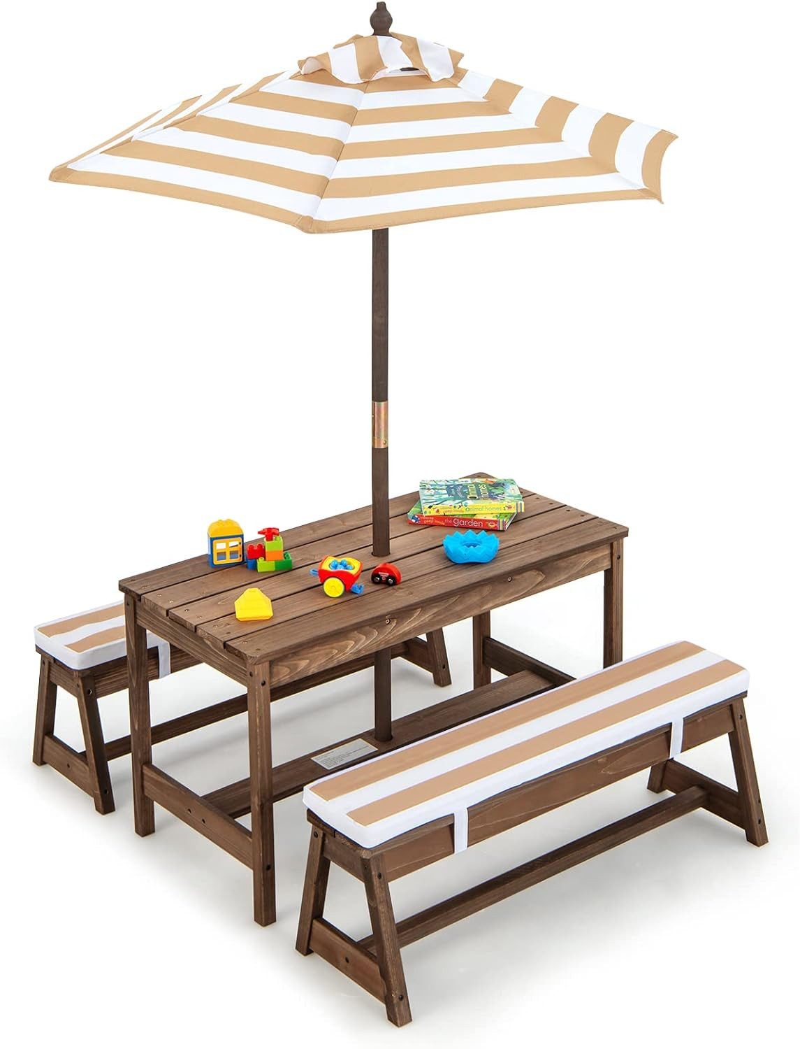 KOMFOTTEU Garten-Kindersitzgruppe Kindermöbelset, 3-Fach Höhenverstellbarer Sonnenschirm