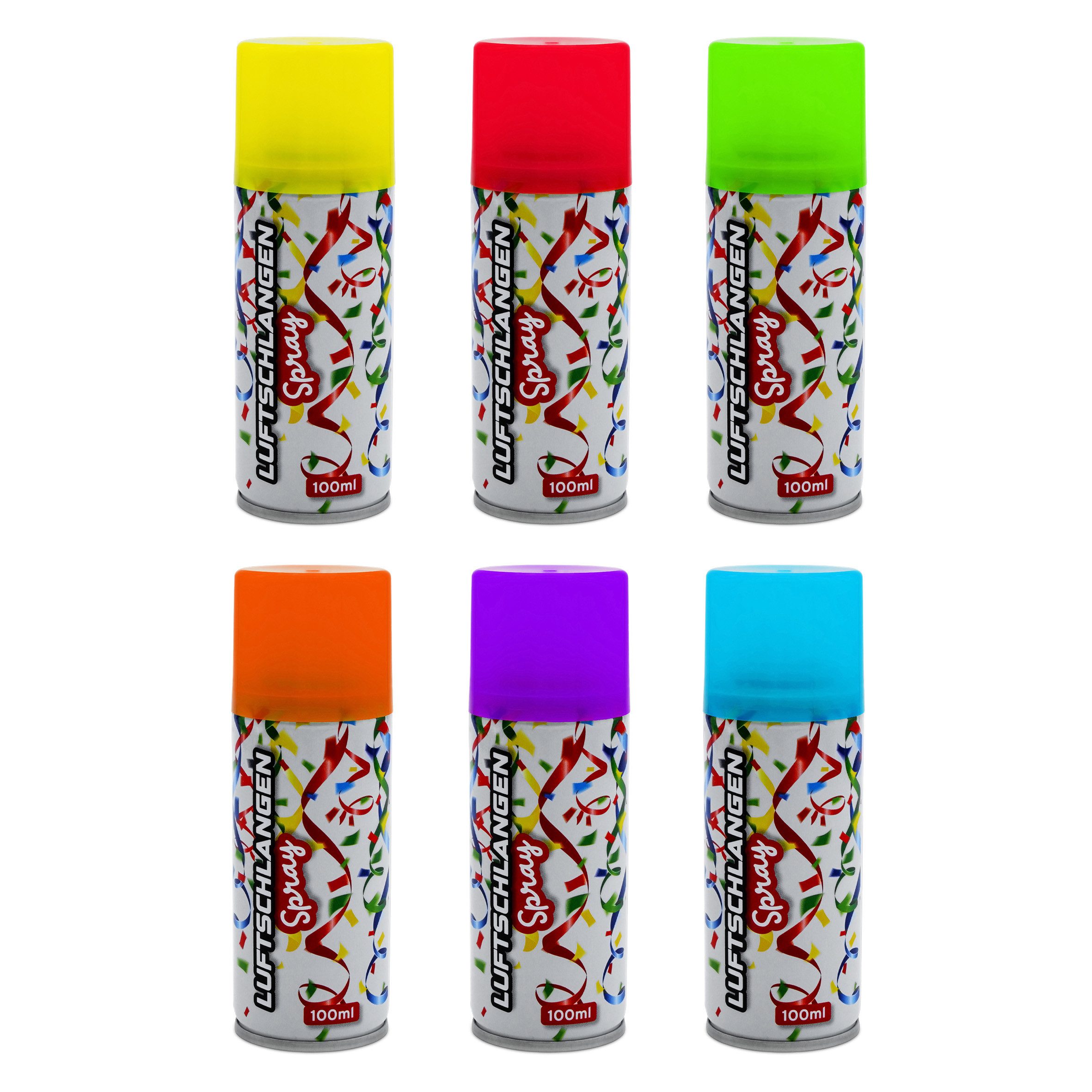 Spetebo Luftschlange Luftschlangenspray 100 ml fluoreszierend, 6er Pack - Karneval Deko Sprüh Luftschlangen in 6 bunten Farben