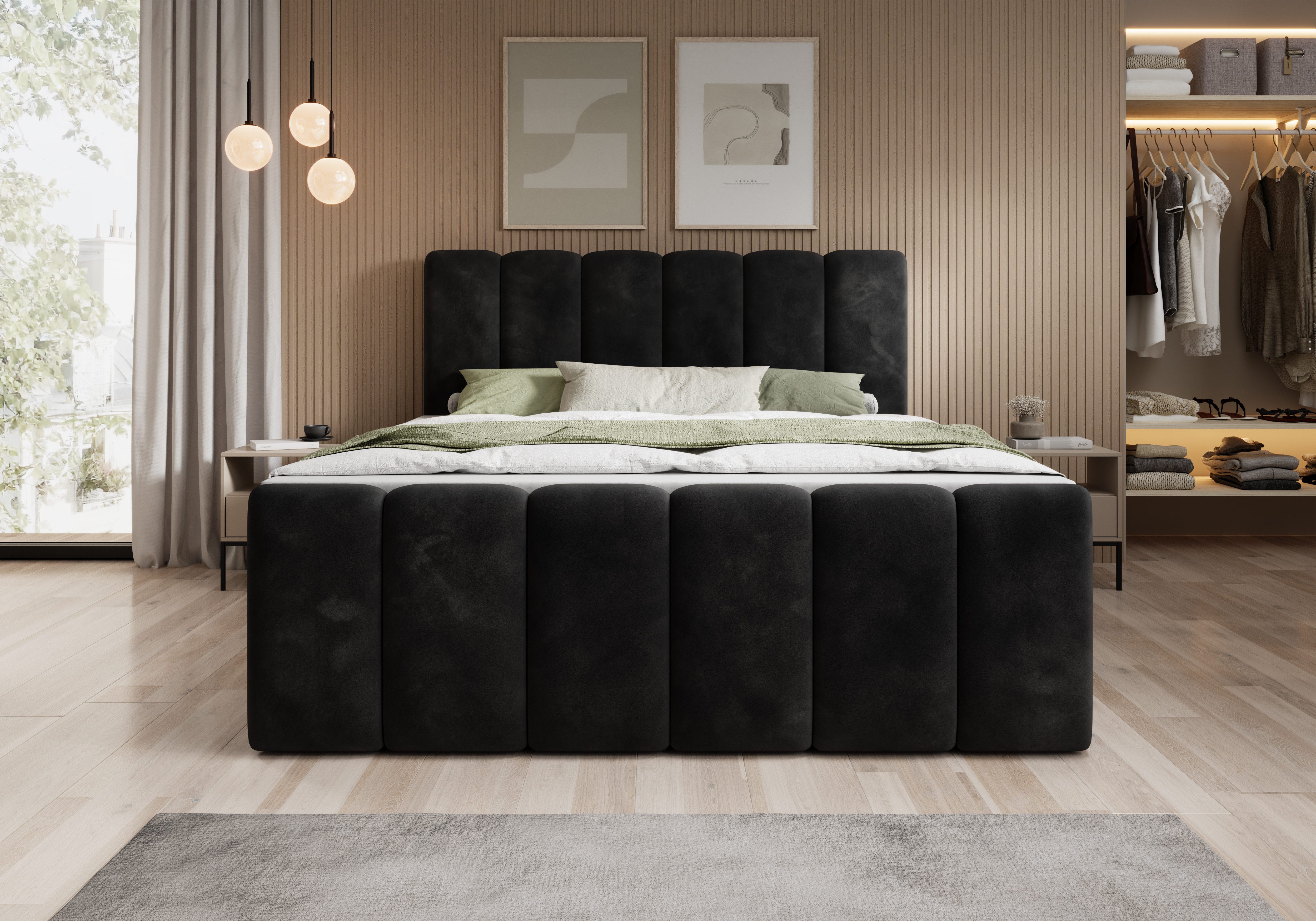 thematys Boxbett mit Bettkasten 140x200–200x200 cm – Velours oder Bouclé Bezug – (Polsterbett Bonnellfederkern Matratze H3 + Gratis 3cm Topper, Boxbett - Luxus  – Bild 2 von 5