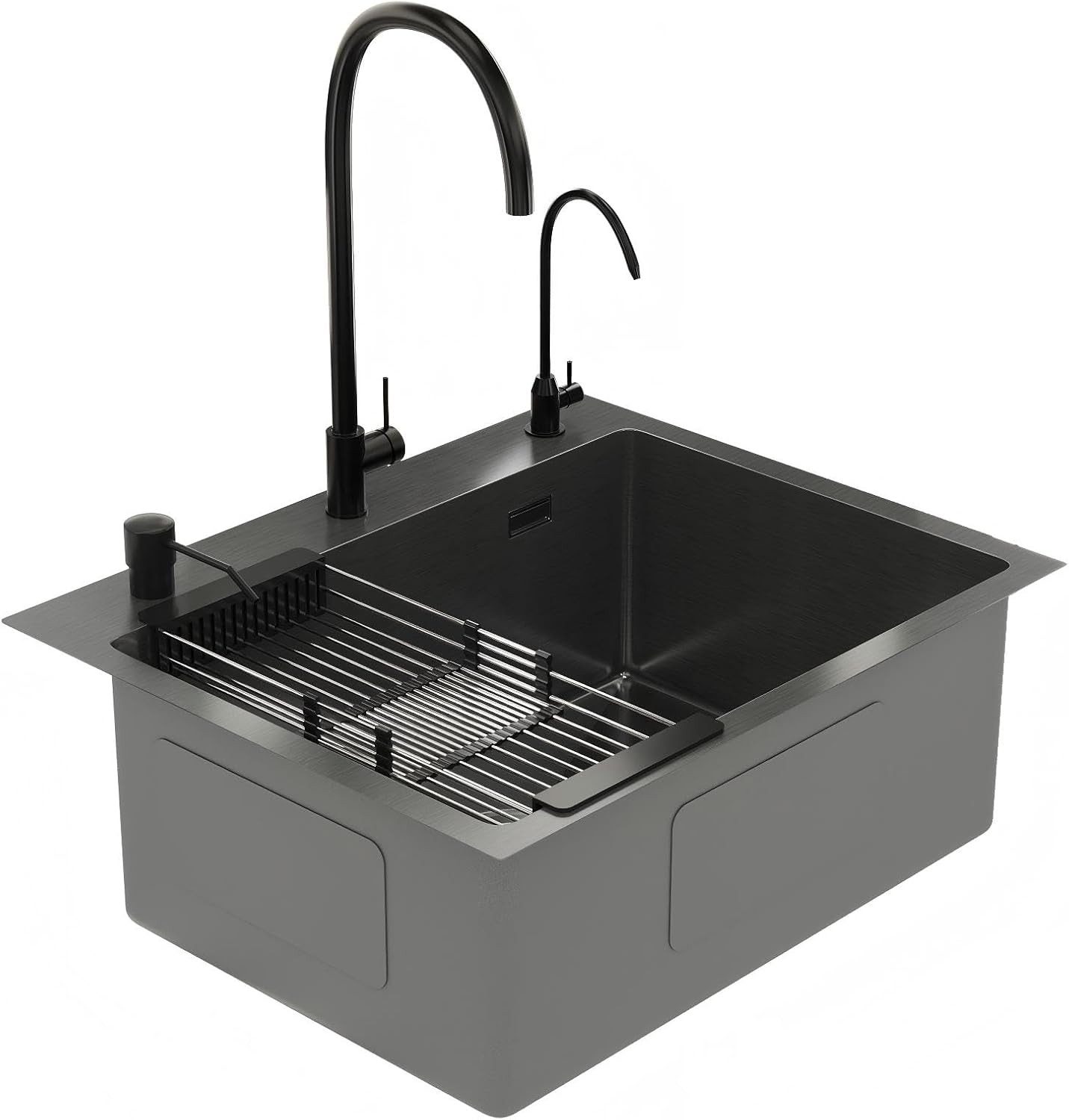 DeerValley Edelstahlspüle DeerValley Spülbecken Schwarz Küchenspüle aus Edelstahl, Nano-Beschichtung, Pop-up-Ablauf, 3 vorgebohrte Löcher, hinterer Ablauf, X-Ablaufrillen, Schalldämmung, (Küchenspülen-Set, Set mit Armatur, Seifenspender und Ablauf), Küchenspüle mit 3 Löchern und Pop-up-Ablauf