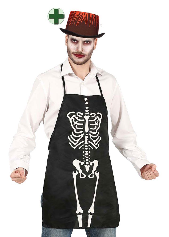 Karneval-Klamotten Kostüm Horror Herren Skelett-Schürze mit Zylinder Blutig, Männer Kostüm Halloweenschürze schwarz Karneval