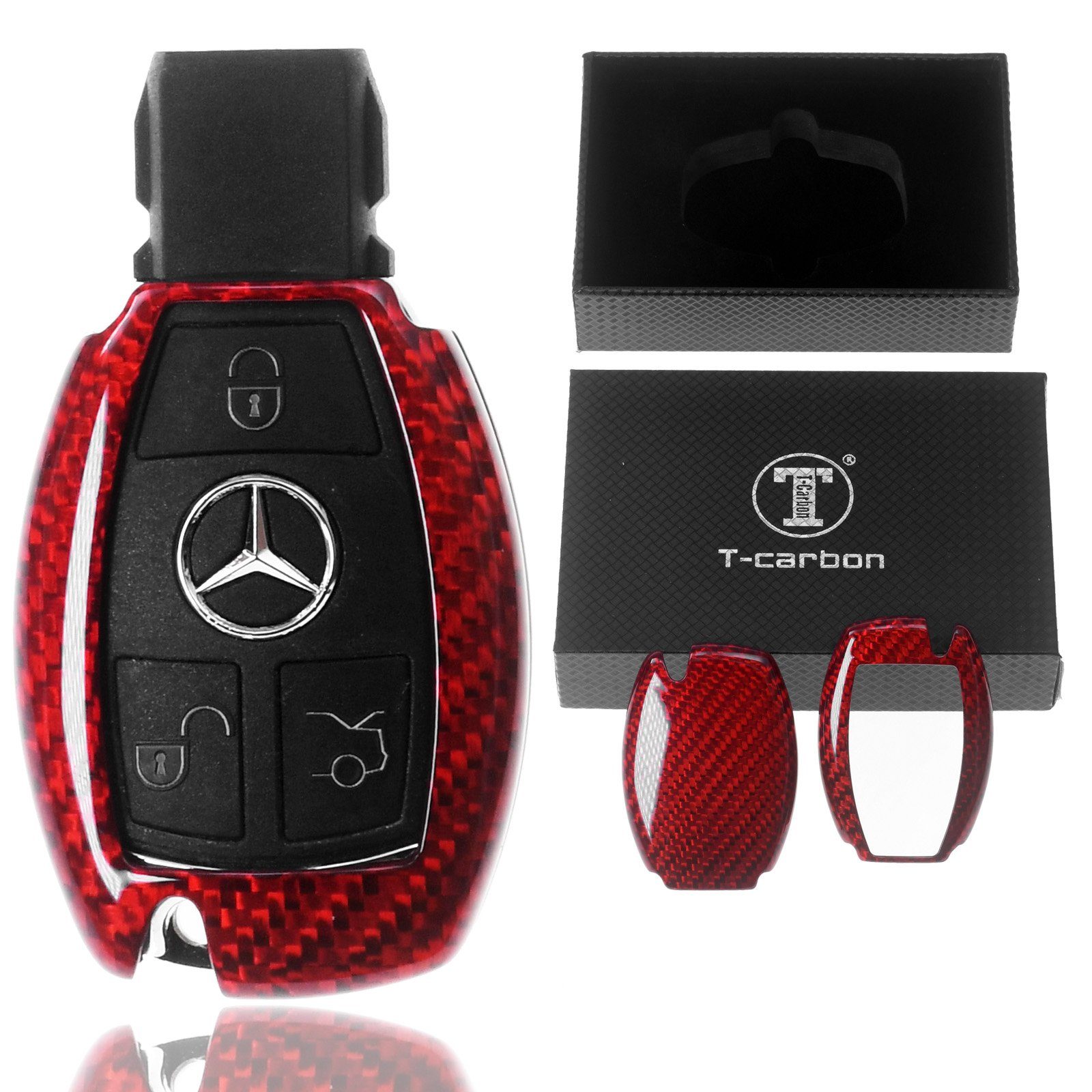T-Carbon Schlüsseltasche Auto Schlüssel Carbon-Optik Schutz Hülle Rot, für Mercedes Benz C207 A207 C292 CL203 C117 Smartkey