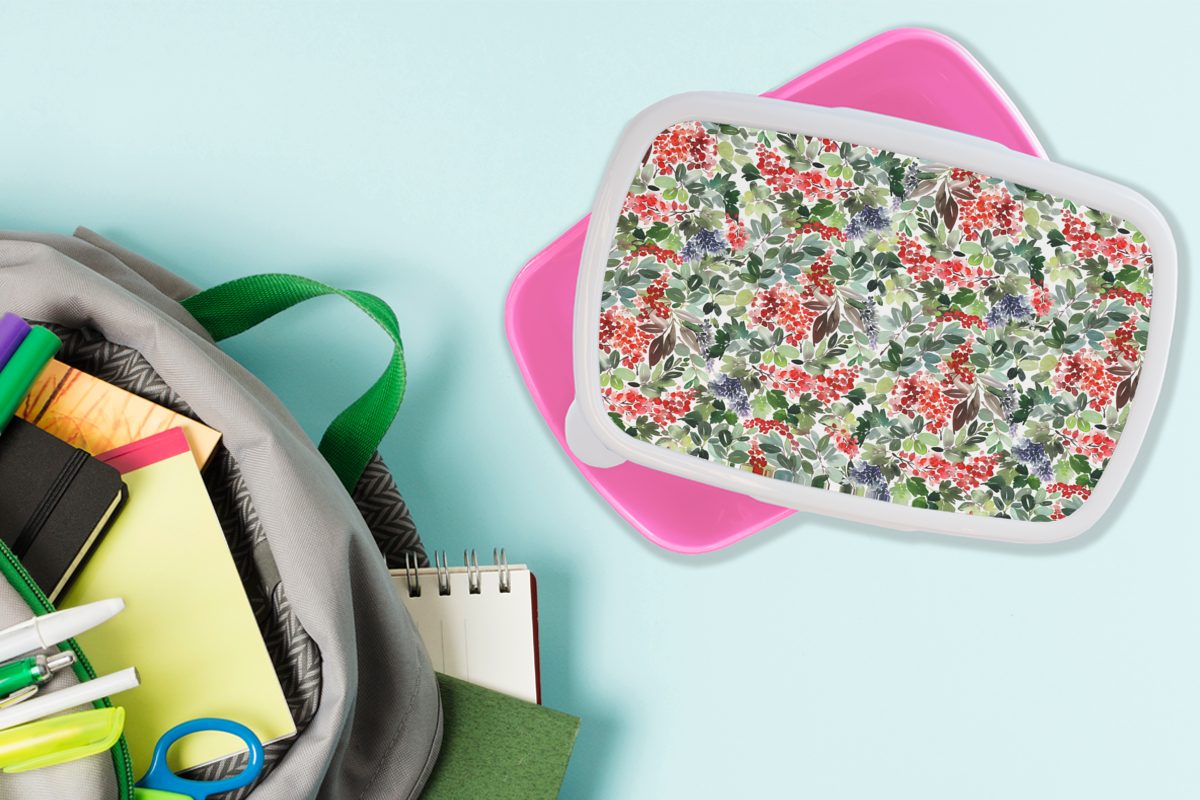 MuchoWow Lunchbox Pflanzen - Beeren Snackbox, (2-tlg), - Kunststoff Kinder, Erwachsene, Kunststoff, Brotdose Mädchen, rosa Muster, Brotbox für