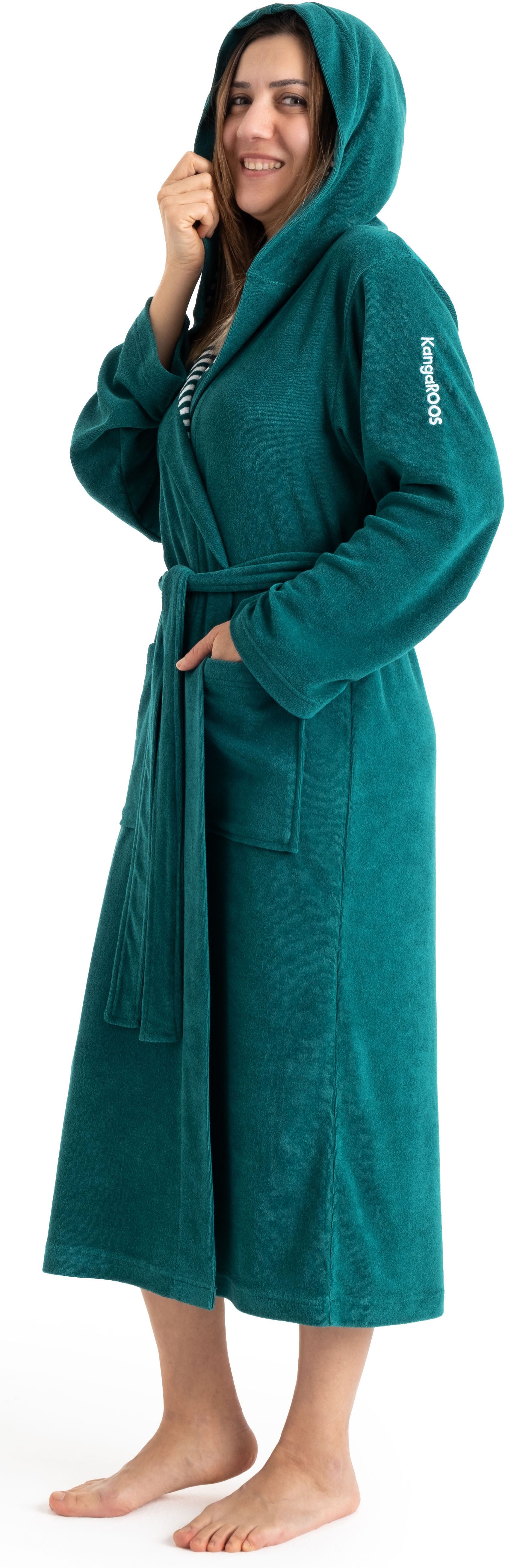 KangaROOS Damenbademantel Dalia, ideal für Sauna & Spa, Standardlänge & Überlänge, Langform, Leichtfrottier, Kapuze, Gürtel, Uni-Farben mit Streifen, Taschen, leicht, XS-3XL, auch in extra lang