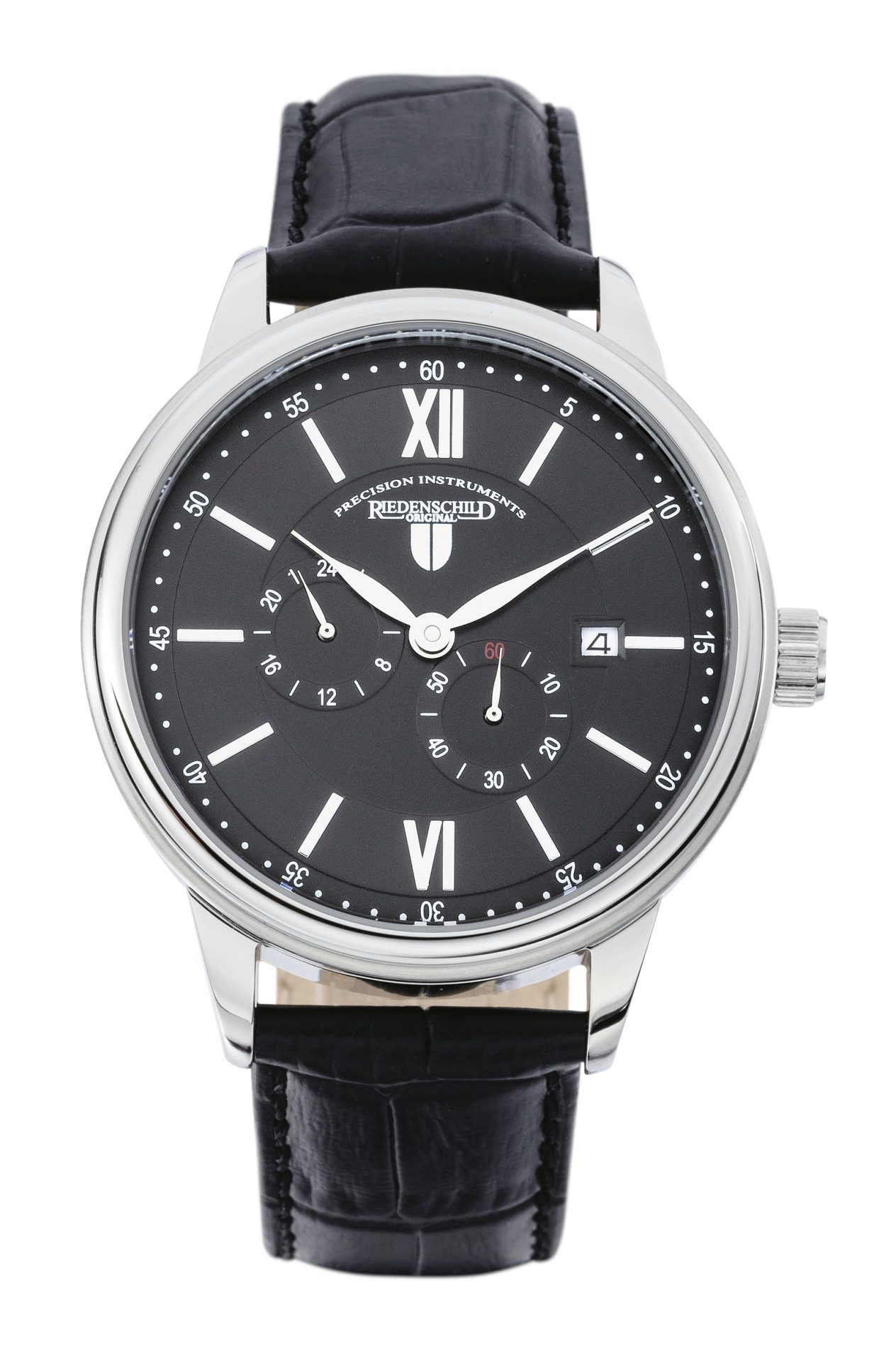 Riedenschild Automatikuhr RS7606-01, 42 mm – Klassische Herrenuhr mit schwarzem Lederband, Edelstahlgehäuse – Sichtboden & Automatikwerk