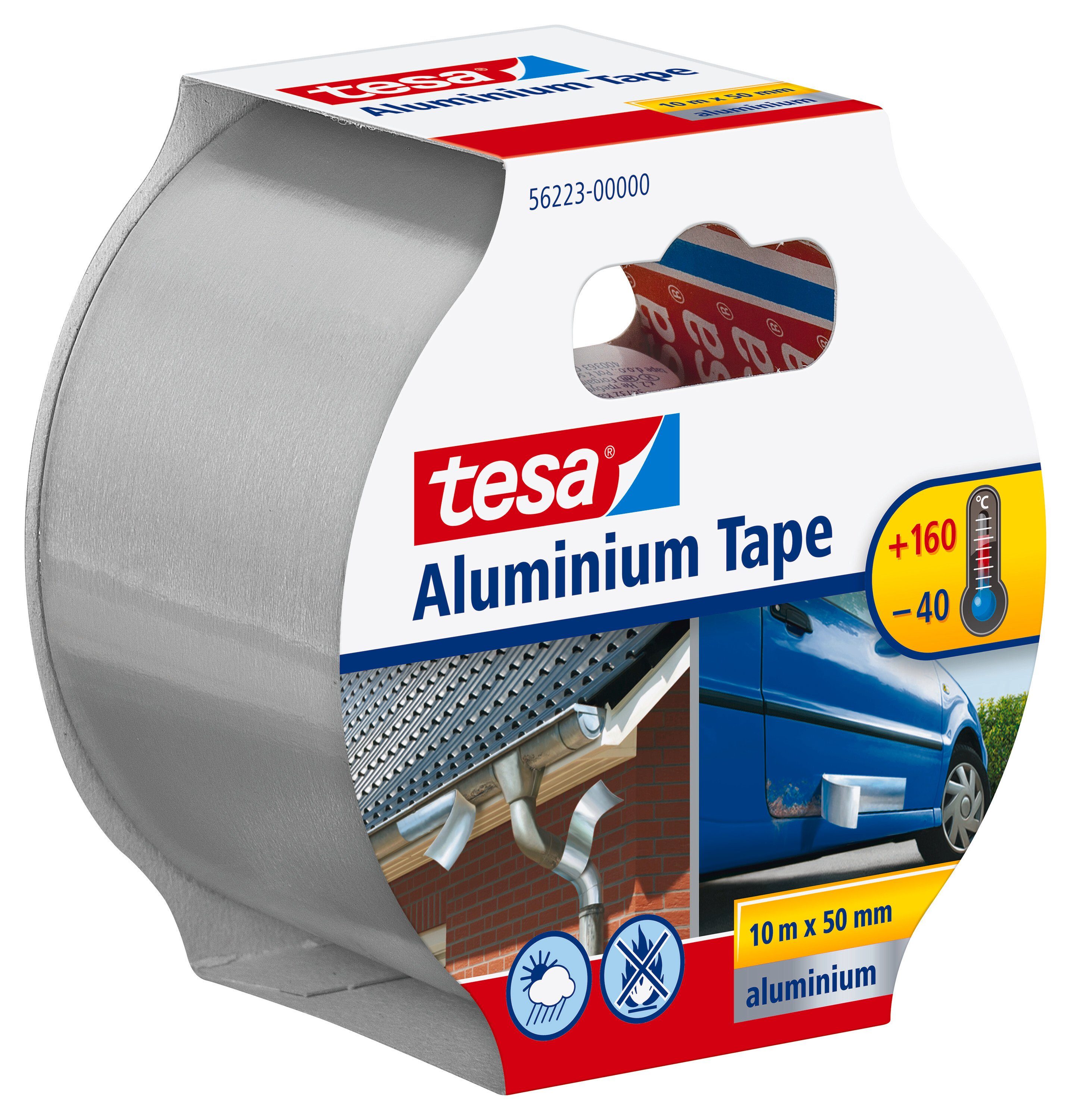 tesa Klebeband Aluklebeband Aluminium Tape - extra starkes Alu-Tape - 10 m : 50 mm (Packung, 1-St) ideal zum Reparieren & Abdichten - hitzebeständig - silber matt