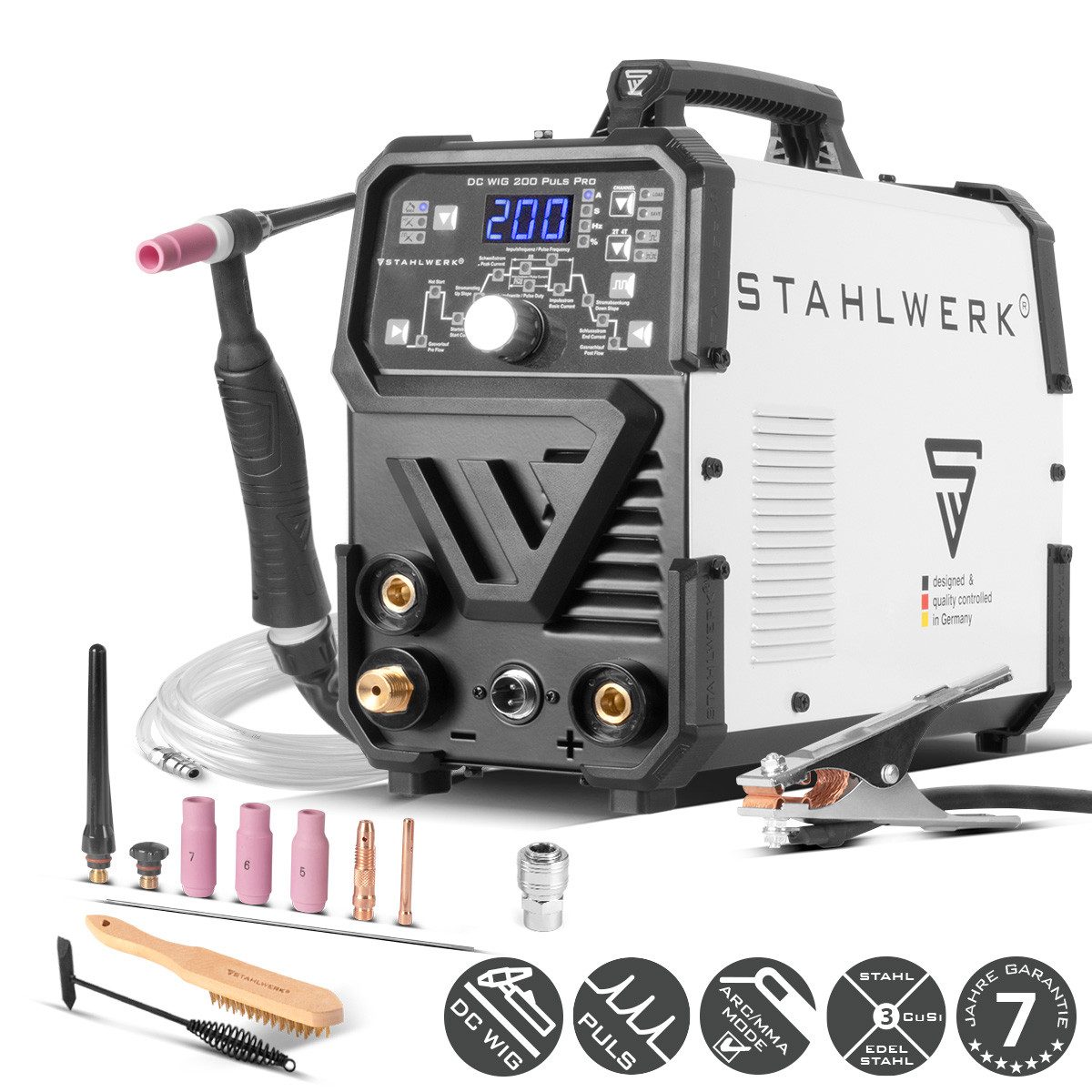 STAHLWERK Inverterschweißgerät DC WIG 200 Puls Pro Digital mit Pulsfunktion & MMA, 10 - 200 A, Packung}, 7-tlg., Einzelgerät, Digitales Profi WIG Schweißgerät mit MMA E-Hand und Pulsfunktion