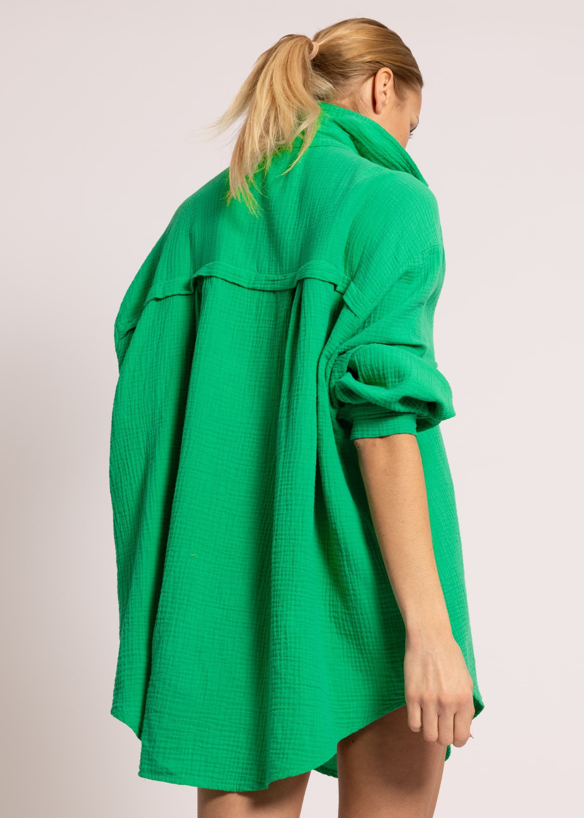 SASSYCLASSY Longbluse Oversize Bluse 36-48) aus Size Langarm mit Frühlingsgrün Damen Musselin Baumwolle One V-Ausschnitt, Hemdbluse lang (Gr