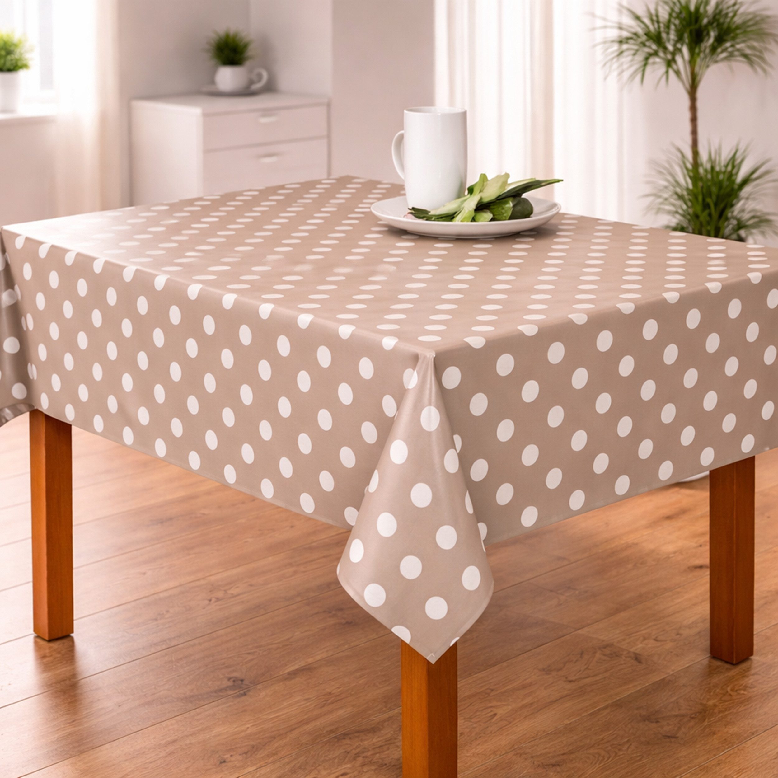 Melody Gartentischdecke Wachstuchtischdecke Gartentischdecke Punkte taupe abwaschbar, fleckenabweisend, wasserabweisend, Glattes Gewebe