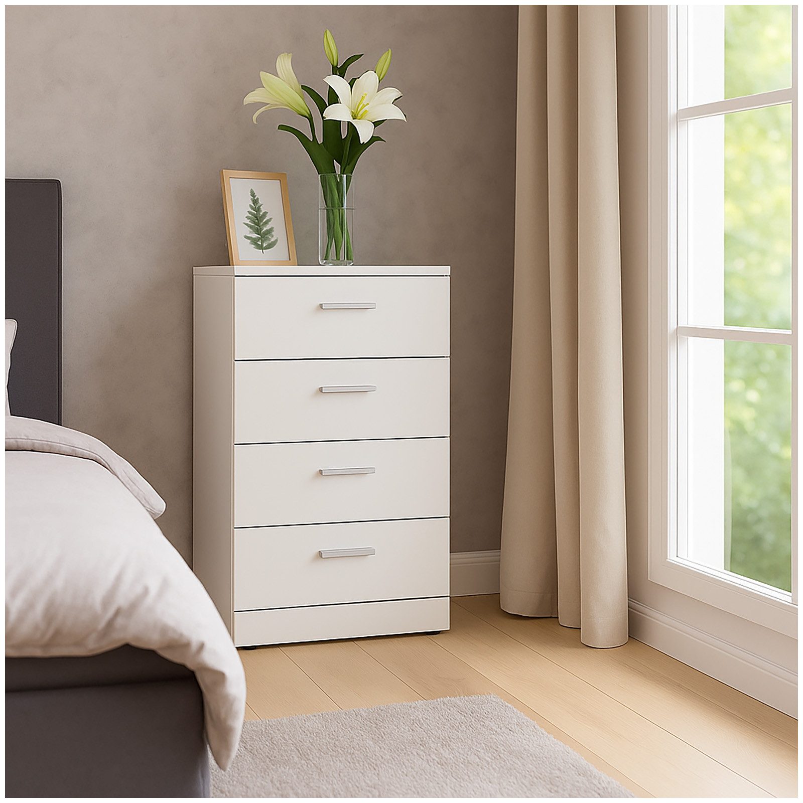 HTI-Living Nachtschrank Nachtkommode 4 Schubladen Nina Weiß (Stück, 1-St., 1 Nachtschrank) Nachtschrank Nachttisch