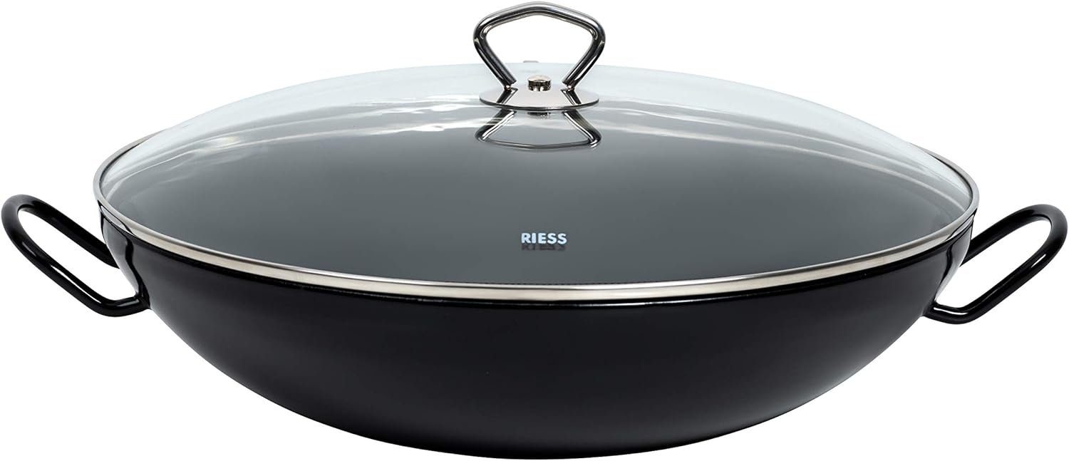 Riess Wok, Emaille, Servierpfanne schwarz Emaille zwei Griffe Pfanne