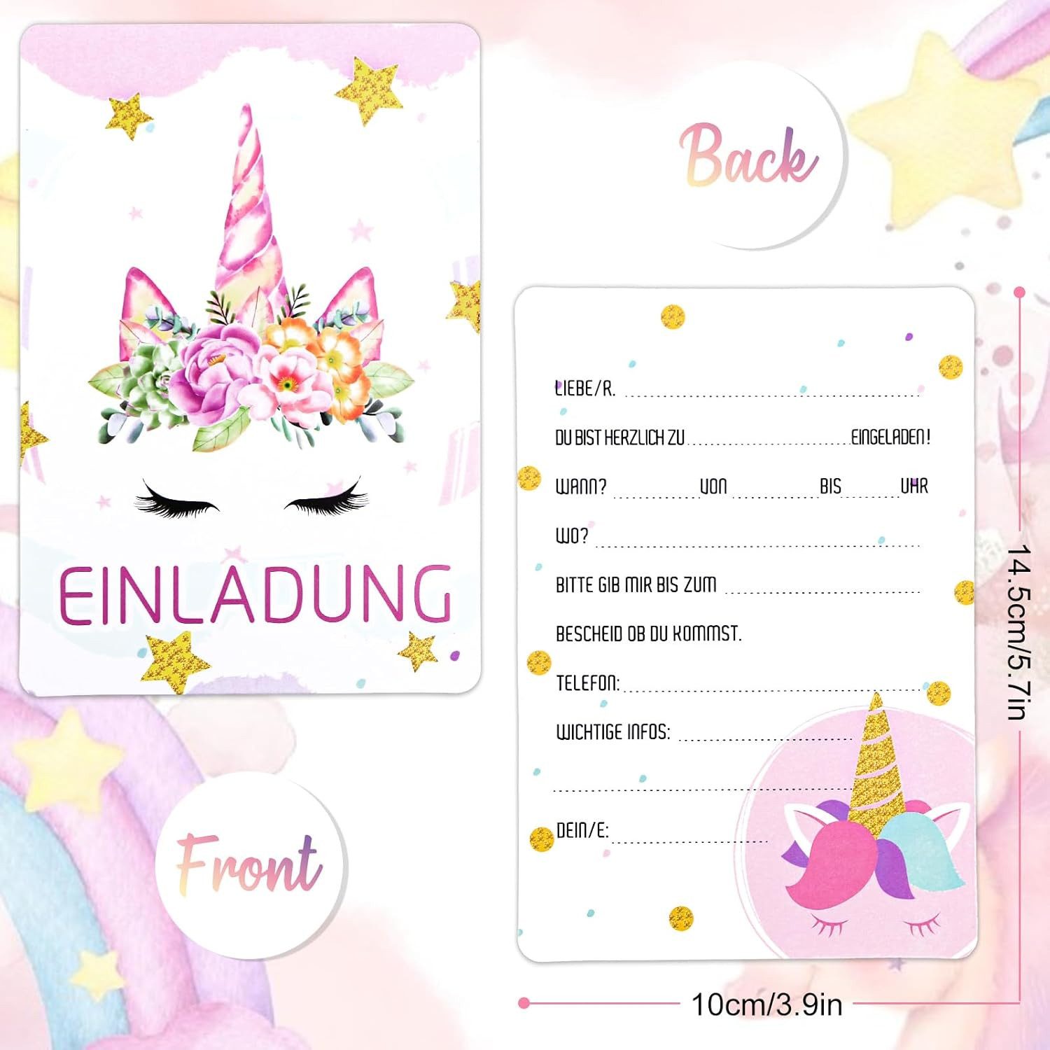 aitsite Einladungskarten 12er Set Einladungskarten Kindergeburtstag Einhorn Design Party Karten, 12er Set Einhorn Einladungskarten Kindergeburtstag, beschreibba – Bild 2 von 4