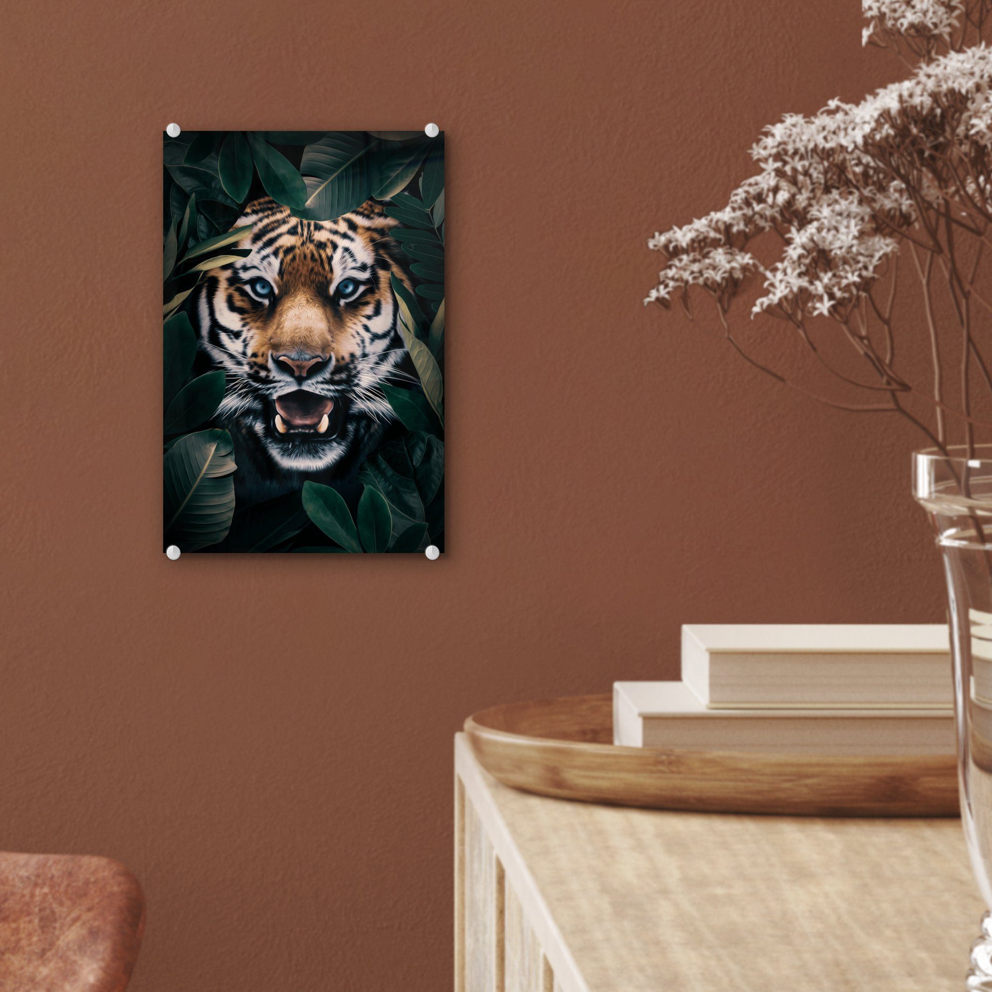 Glas Glas - Foto Wanddekoration Blau, St), auf - Bäume - - Wandbild auf MuchoWow Glasbilder Tiger bunt Acrylglasbild Bilder (1 -