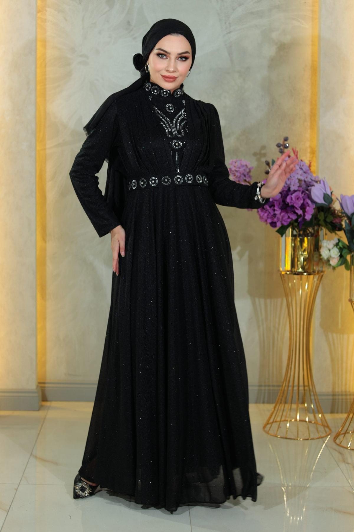 MODAMİHRAM Abendkleid Stein Detail Drapiert Pailletten Schwarzes Abendkleid MSW19188-1