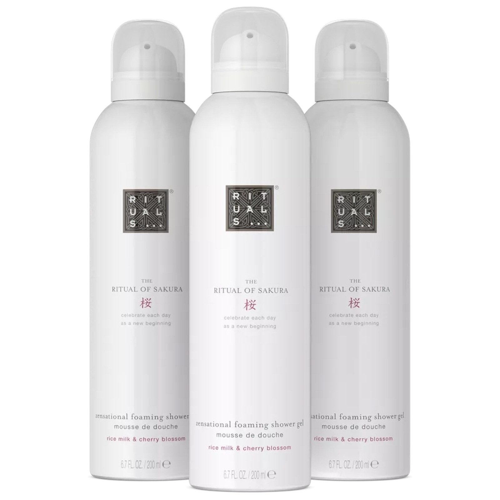 Rituals Duschschaum The Ritual of Sakura Foaming Shower Gel Vorteilspack 3x 200 ml, Zarter Duft von Kirschblüten und cremiger Reismilch