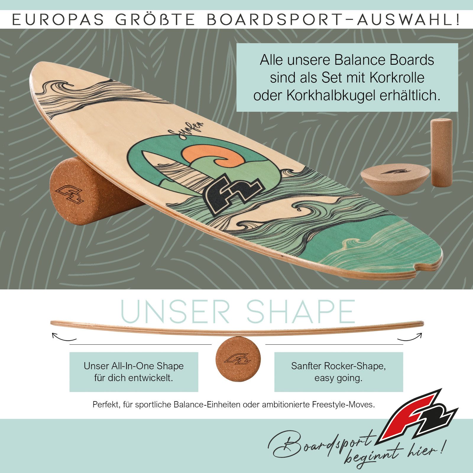 F2 Balanceboard F2 Set Balance Board Halfshell 88x32cm mit Kork Halbkugel