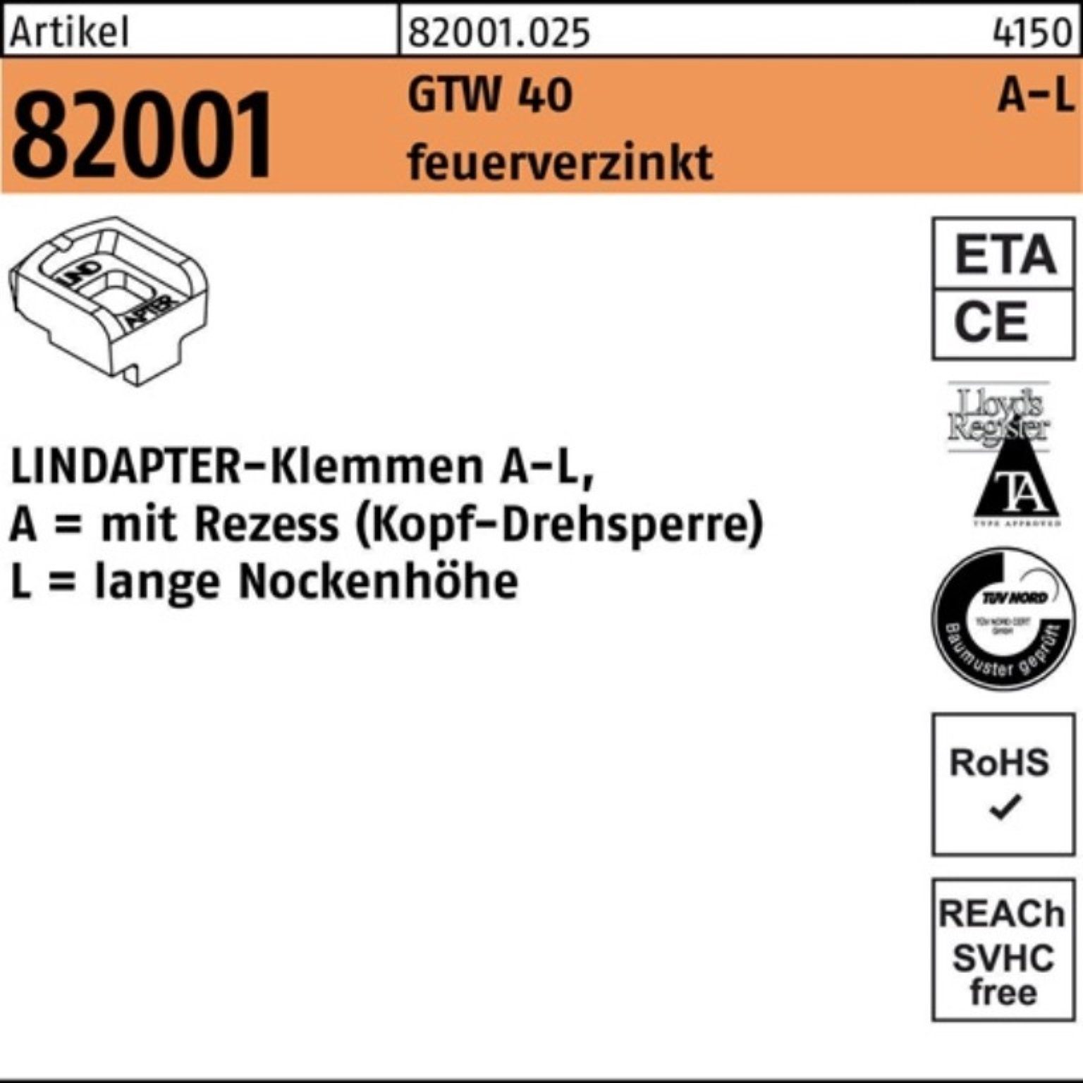 Pack Klemmen R feuerverz. LM 100er LINDA Stück Klemmen 1 40 20/12,5 Lindapter GTW 82001