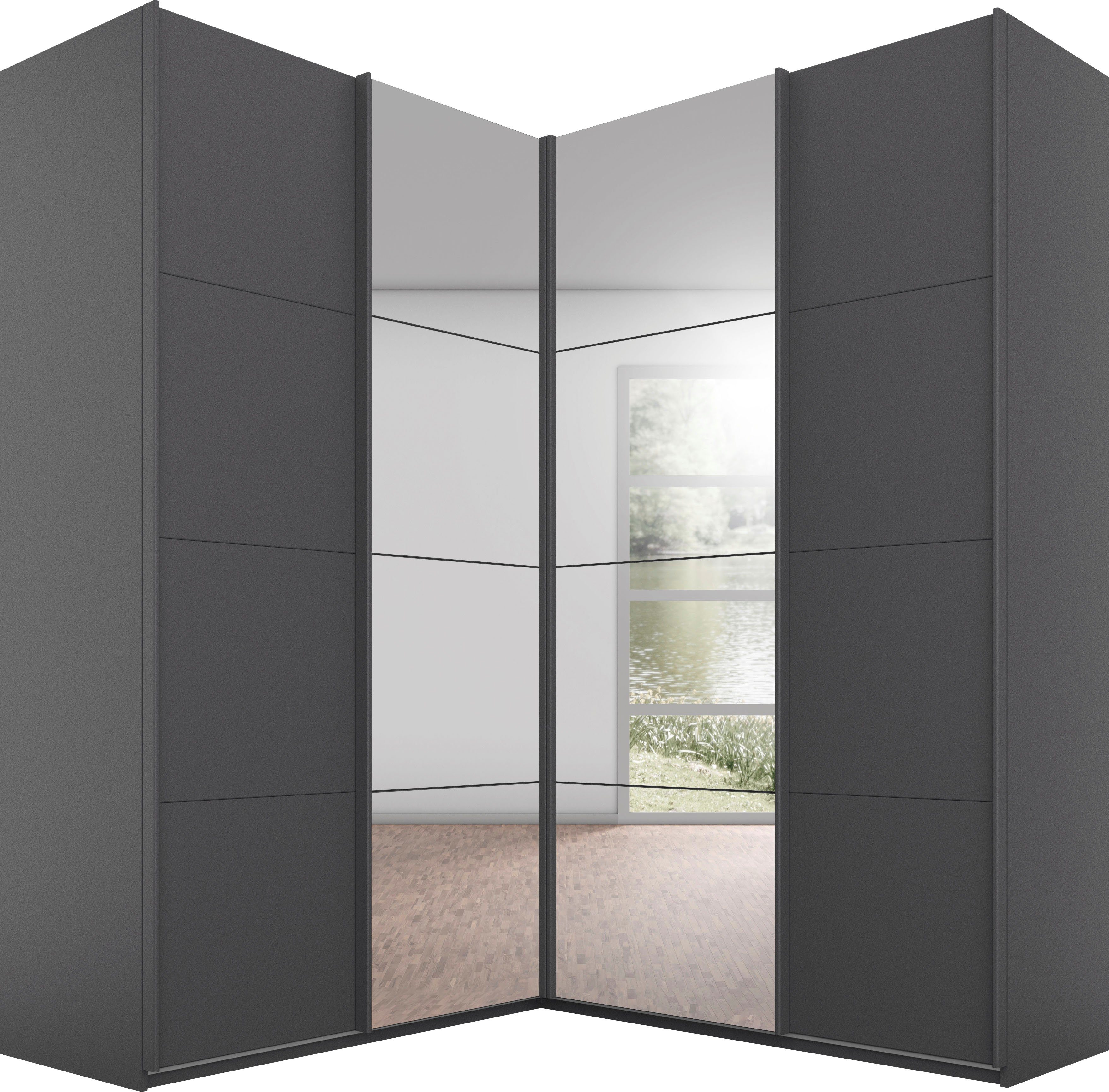 rauch Schwebetürenschrank Schrank Garderobe Eckkleiderschrank QUADRA Front in Dekor/Hochglanz (in den Höhen 210/229 cm, inkl. Soft-Close-Funktion) großer Eckschrank mit viel Stauraum, Maß 181x187 cm MADE IN GERMANY