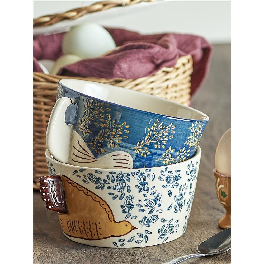 Bloomingville Schüssel Hezha, Steingut, in Natur/Blau, 460ml, mit Vogelmotiv