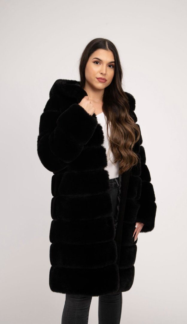 Antonio Cavosi Fellimitatjacke hochwertiger Web-Pelz Mantel Winterjacke Faux Fur Mantel mit Kapuze Schwarz