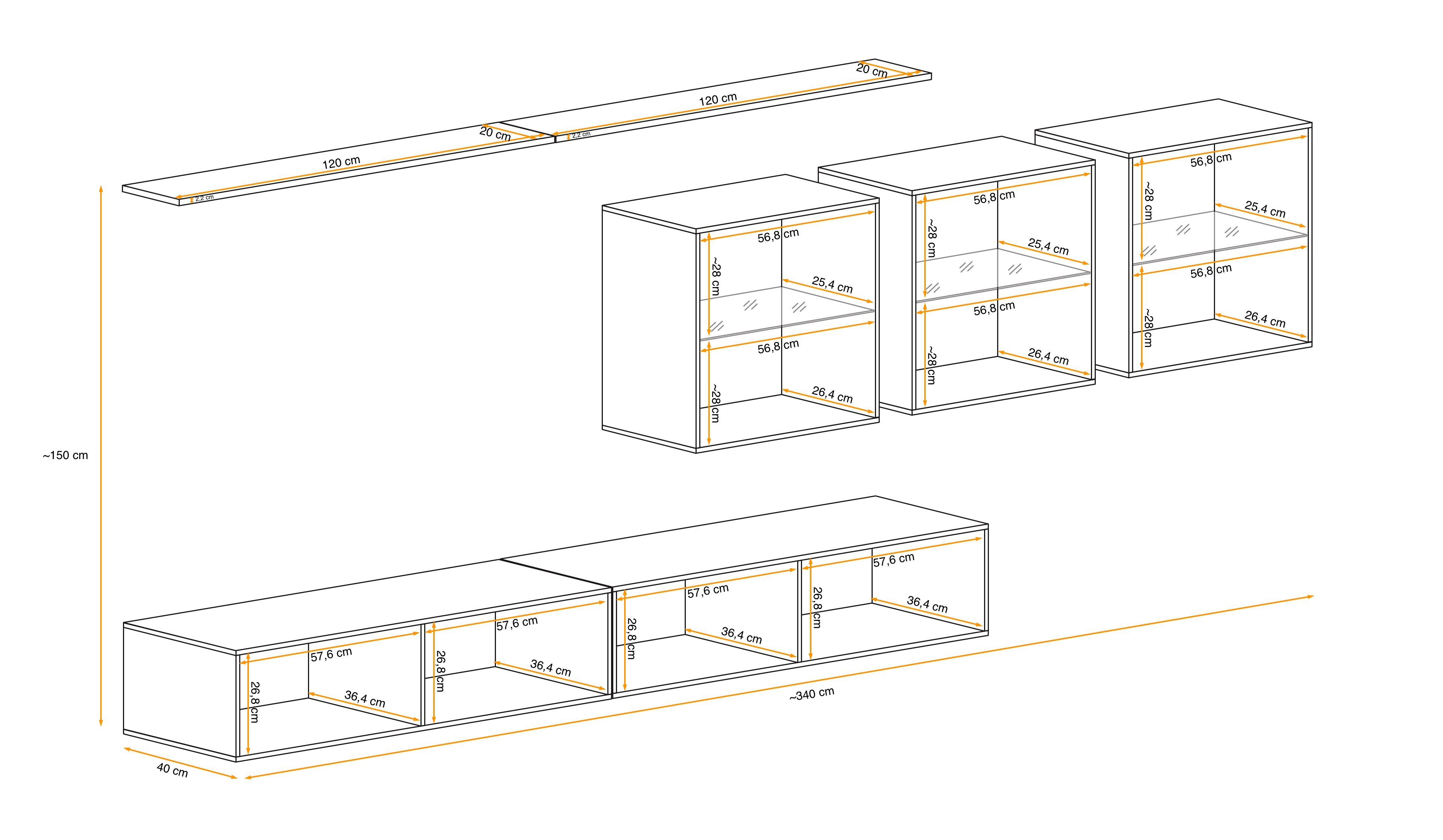 2×Wandboard, Eiche Wohnzimmer-Set), (Set Swotch XVII Wohnwand 3×Wandschrank, - L, aus Wotan 2×Lowboard, hängend bestehend (7 Schwarz Stylefy St),