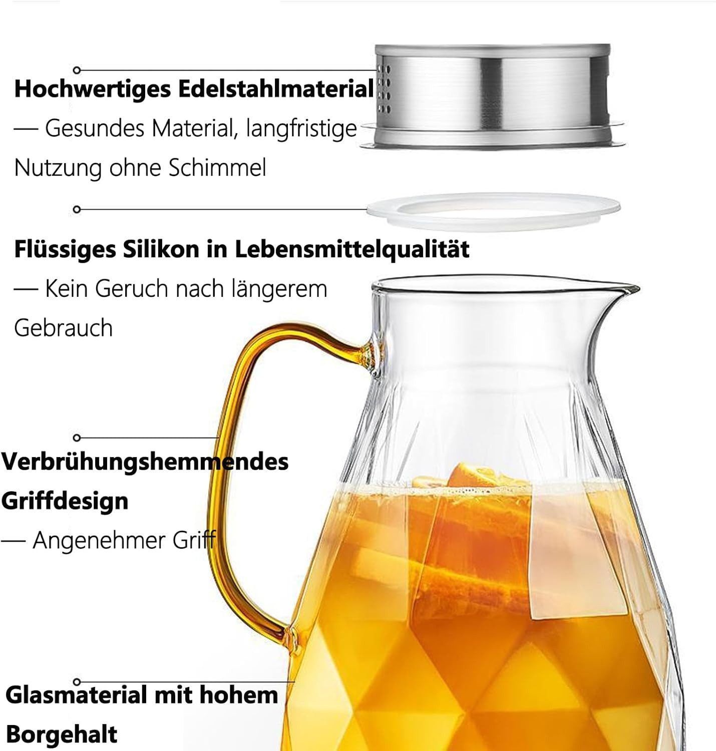 FELIXLEO Karaffe Karaffe aus Borosilikatglas mit Deckel und Ausgießer-2L Glass Jug, (1-tlg) – Bild 4 von 5