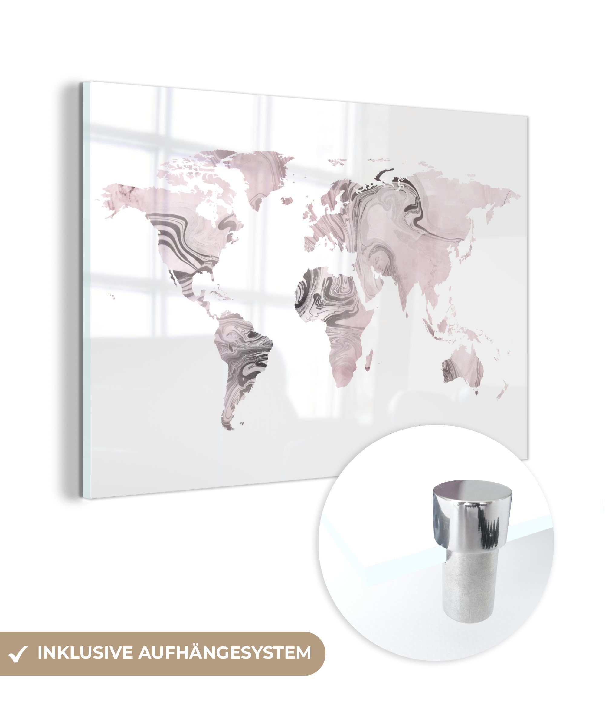 MuchoWow Acrylglasbild Weltkarte - Weiß - Farbe, (1 St), Glasbilder - Bilder auf Glas Wandbild - Foto auf Glas - Wanddekoration