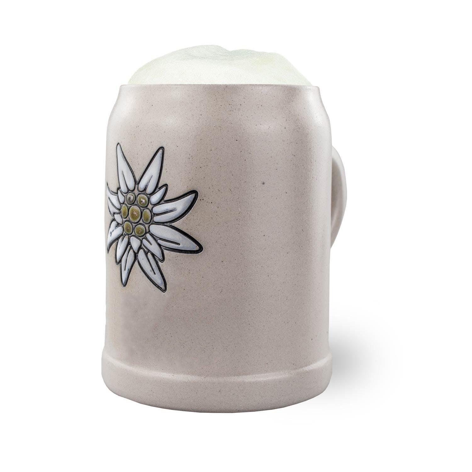 Bavariashop Bierkrug PREMIUM Bierkrug "Edelweiß" • Steinkrug • 0,5 Liter, Steinzeug