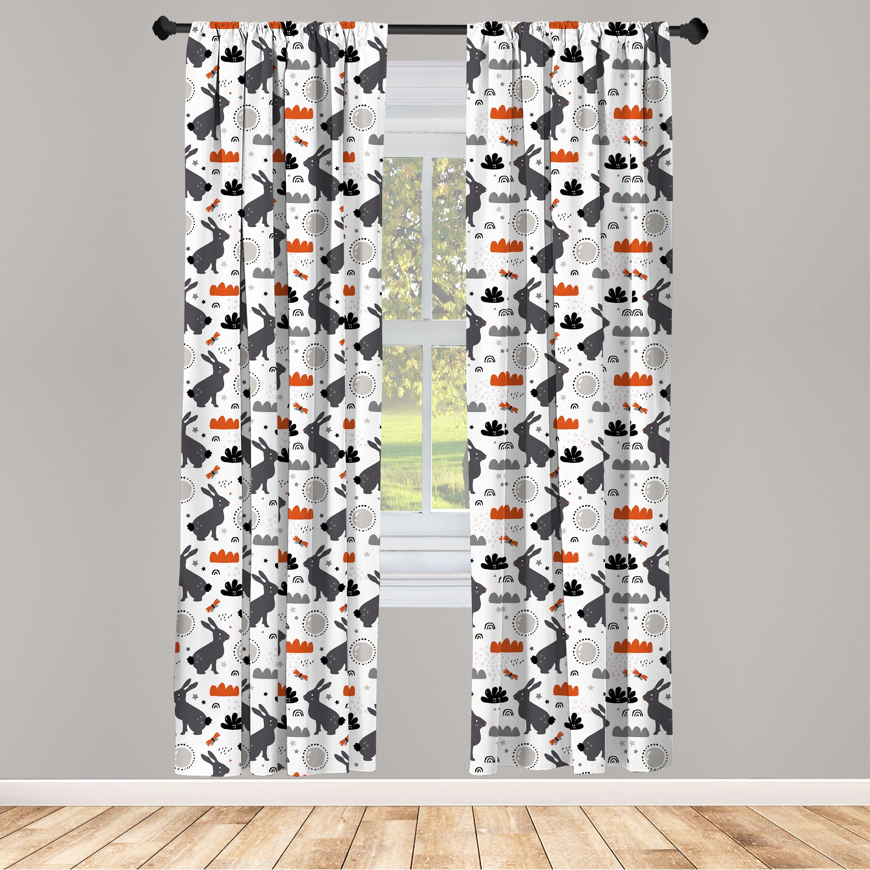 Gardine Vorhang für Wohnzimmer Schlafzimmer Dekor, Abakuhaus, Microfaser, Kindergarten Hasen in Forest Doodle | Fertiggardinen