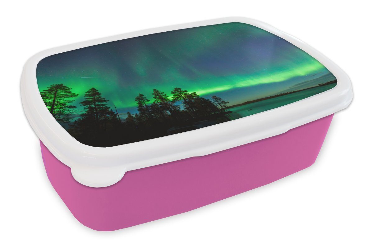 Kunststoff Kinder, Lunchbox während Finnisch-Lappland, Brotdose für (2-tlg), Das in einer Nordlicht Nacht MuchoWow Snackbox, Erwachsene, Brotbox Mädchen, Kunststoff, rosa