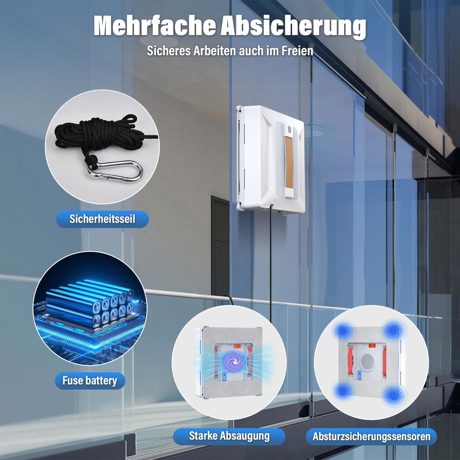 AIBISTAR Fensterputzroboter Fenstersauger Automatischer Fensterreiniger Elektrisch 6000KPA, 100 ml Wassertank,Intelligentes Sprühsystem,Absturzsicherung – Bild 5 von 5