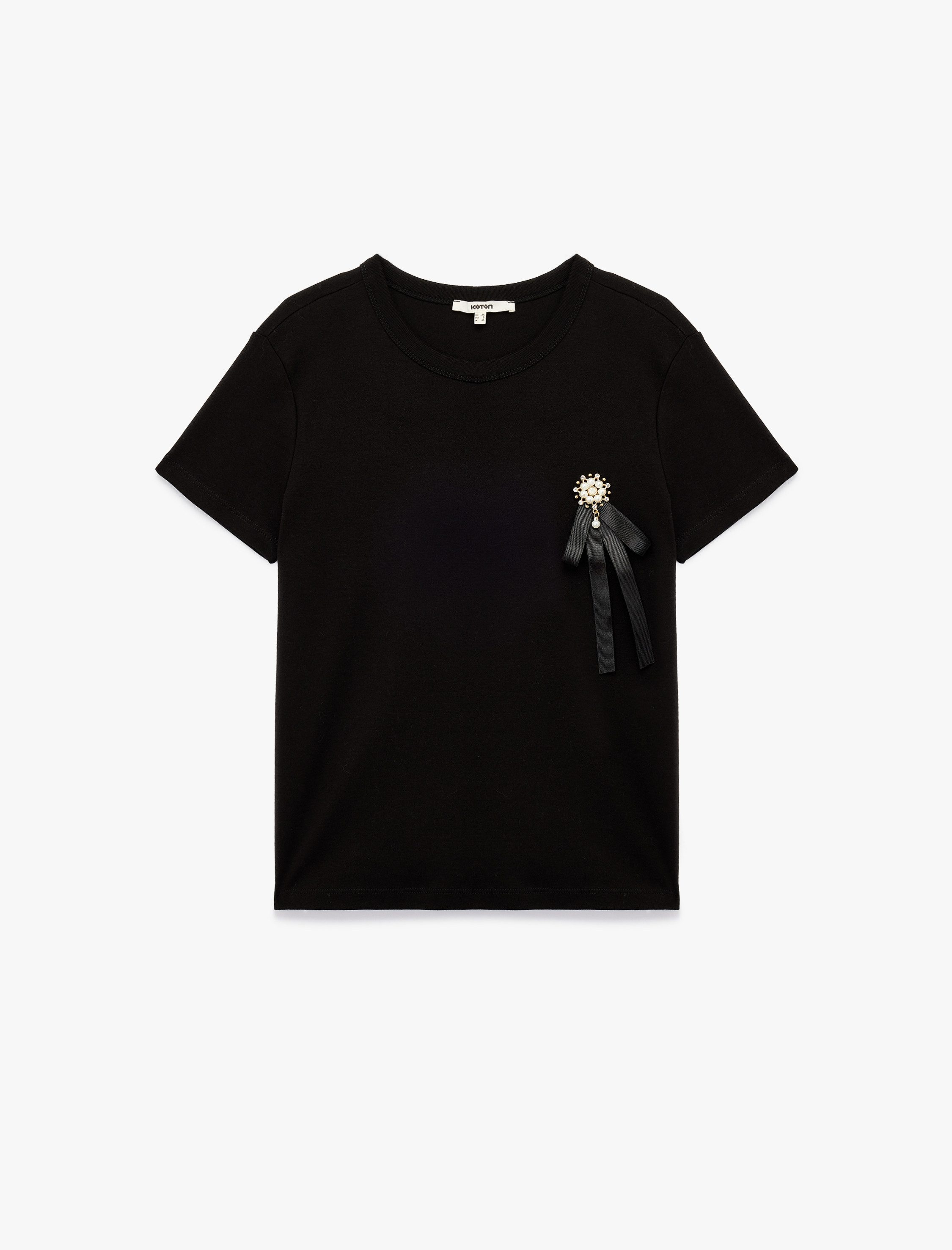 Koton T-Shirt Koton Rundhals Baumwollshirt Mit Brosche