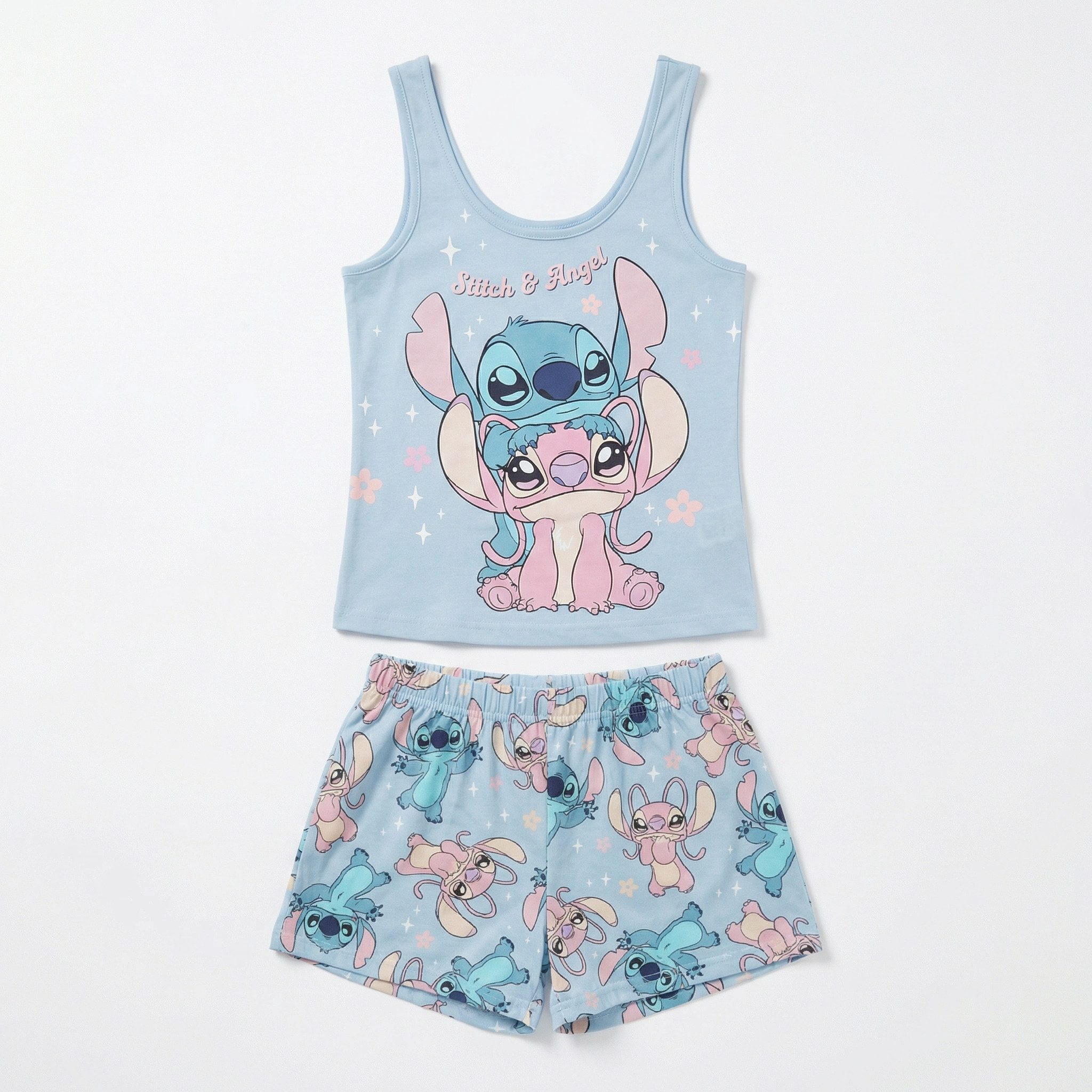 Disney Schlafanzug Disney Stitch Angel Damen Schlafanzug Pyjama Shirt Shorts (2 tlg) Gr. S bis XL - 100% Baumwolle