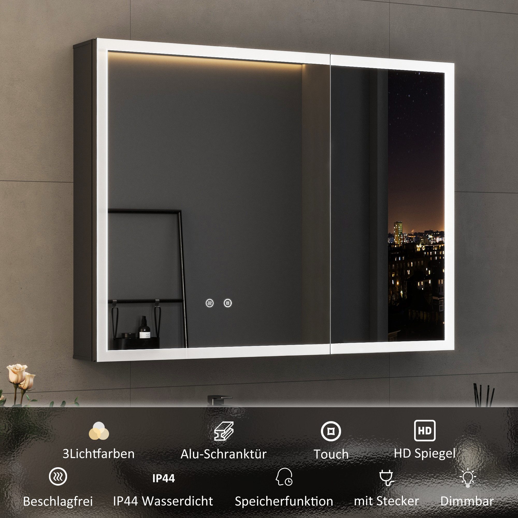 WDWRITTI Spiegelschrank Schwarz mit beleuchtung 3Lichtmodi Dimmbar Kalt/Neutral/Warmweiß (Badezimmerspiegelschrank mit LED, 2 türen 80x60cm) Full Surround Light Strip, mit Netzadapter