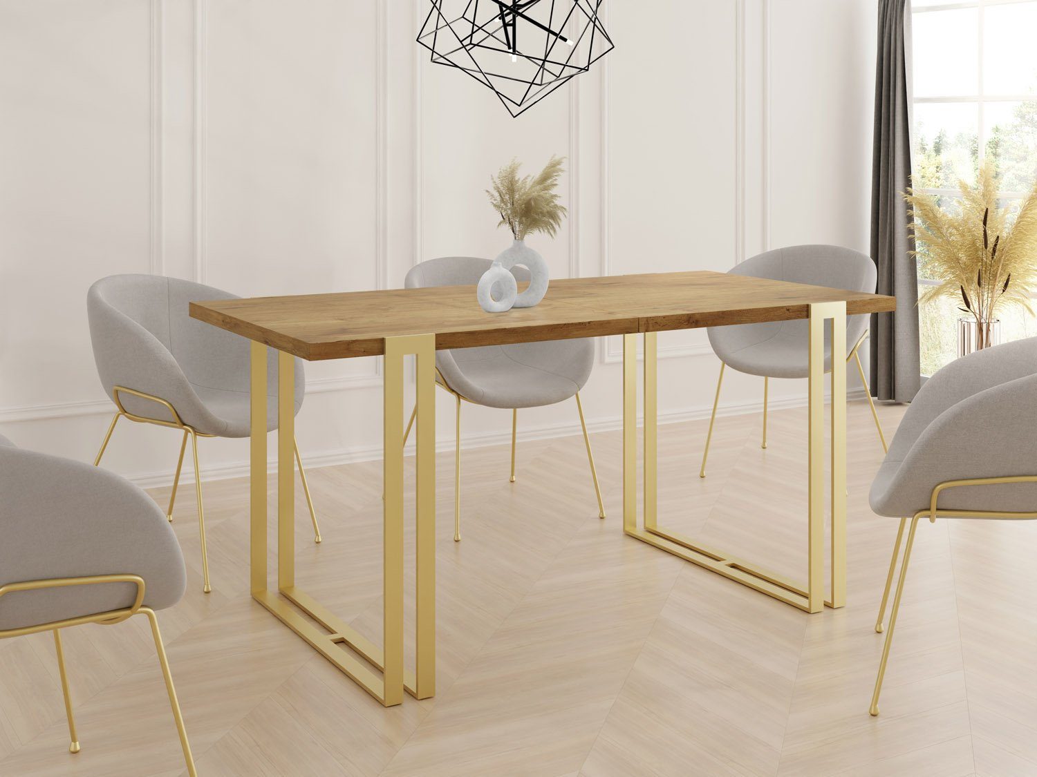 Tisch WFL Esstisch Lancelot Glamour mit Gold, Metallbeinen im Loft-Stil Ausziehbar GROUP Eiche Marco