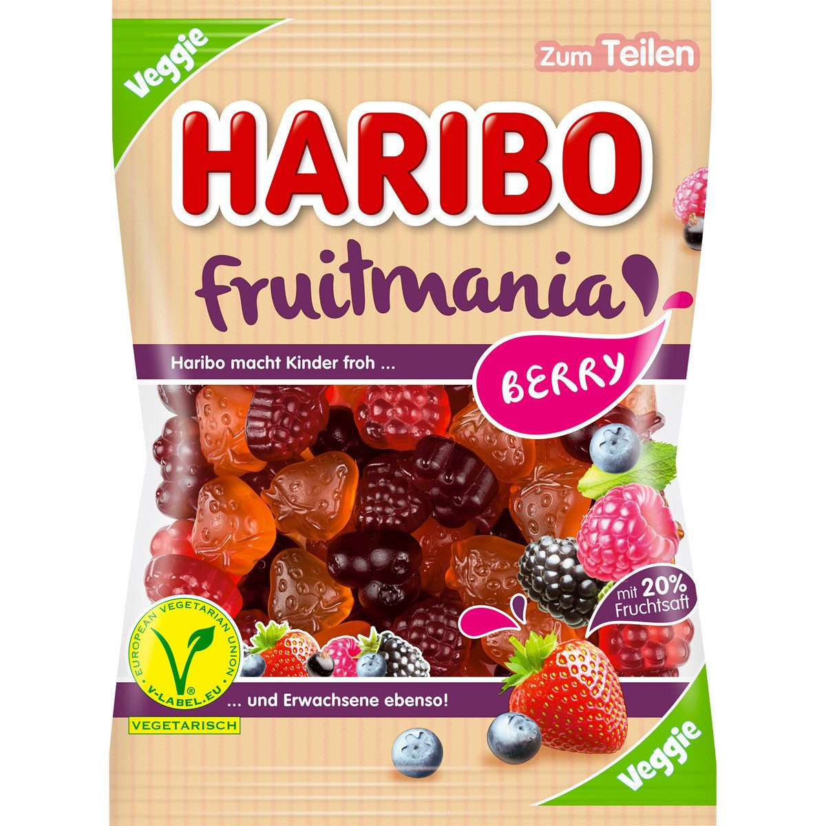 HARIBO Süßigkeit, Haribo Fruitmania Berry mit Fruchtsaft und Beeren Veggie 160g
