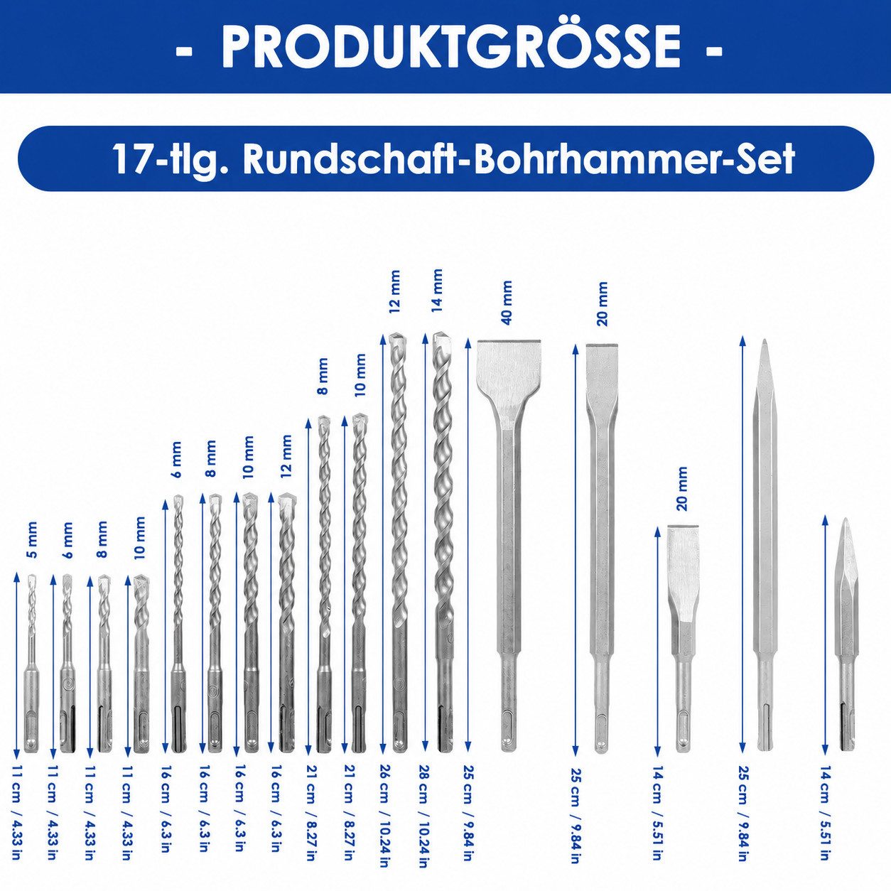 BlingBin Bohrer- und Meißelsatz 17tlg Bohrhammer SDS Plus Bohrer und Meißel Set ink, (SDS-Bohrer-Set – 17-teilig, 17-tlg., mit Bohren und Meißeln im Koffer, Ham – Bild 5 von 5